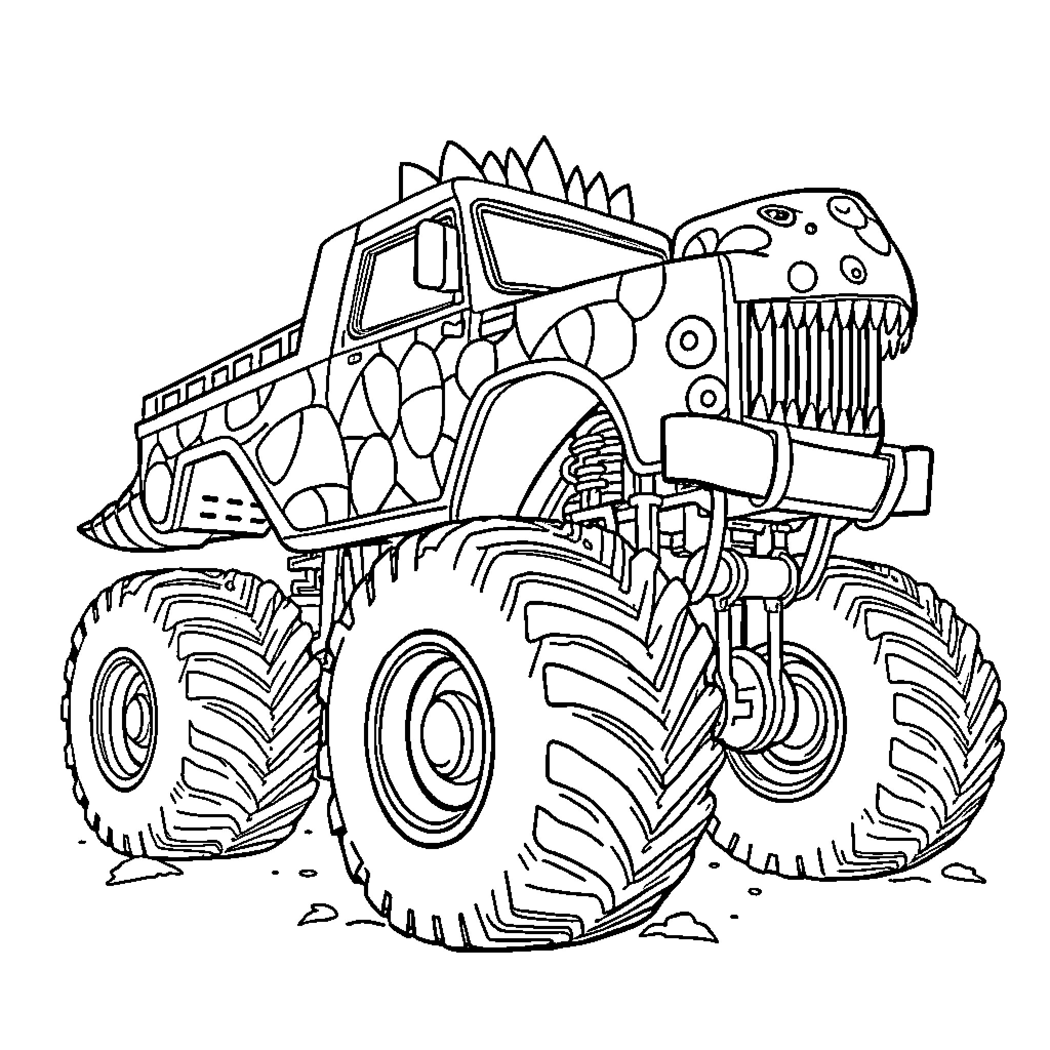 Dinosaur Monster Truck Crushing Obstacles Coloring Page (free black-and-white line drawing printable PDF for all, from beginners to advanced learners, including children, teens, adults, and seniors)