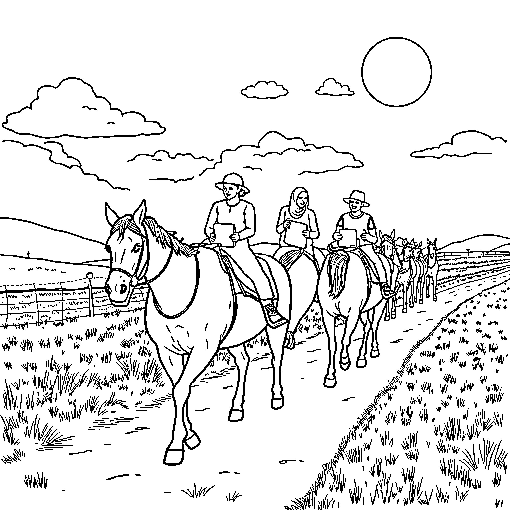 Horse riders traversing the countryside Coloring Page (free black-and-white line drawing printable PDF for all, from beginners to advanced learners, including children, teens, adults, and seniors)