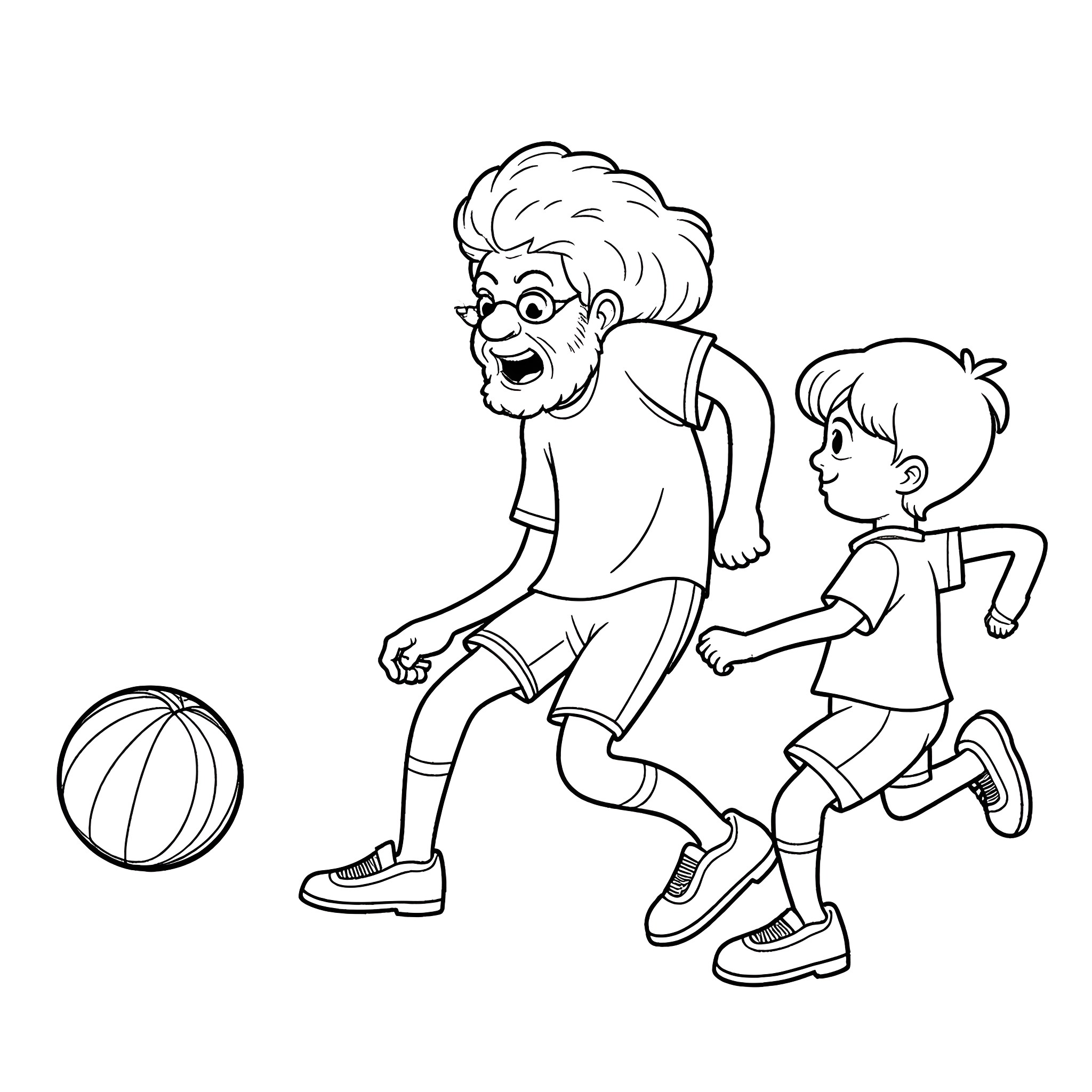 Man and boy playing with ball Coloring Page (free black-and-white line drawing printable PDF for all, from beginners to advanced learners, including children, teens, adults, and seniors)