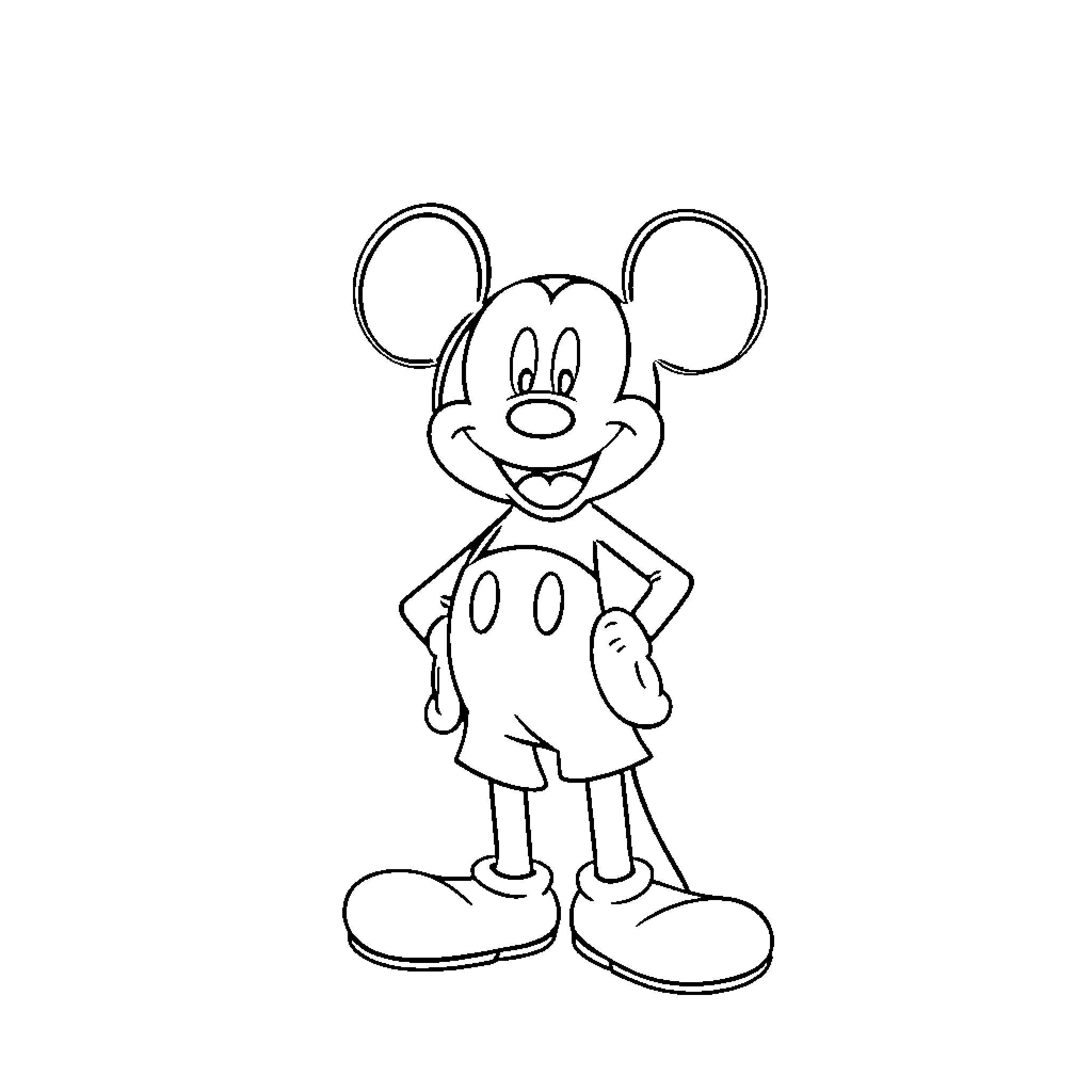 Mickey Mouse smiling and standing in classic pose Coloring Page (free black-and-white line drawing printable PDF for all, from beginners to advanced learners, including children, teens, adults, and seniors)