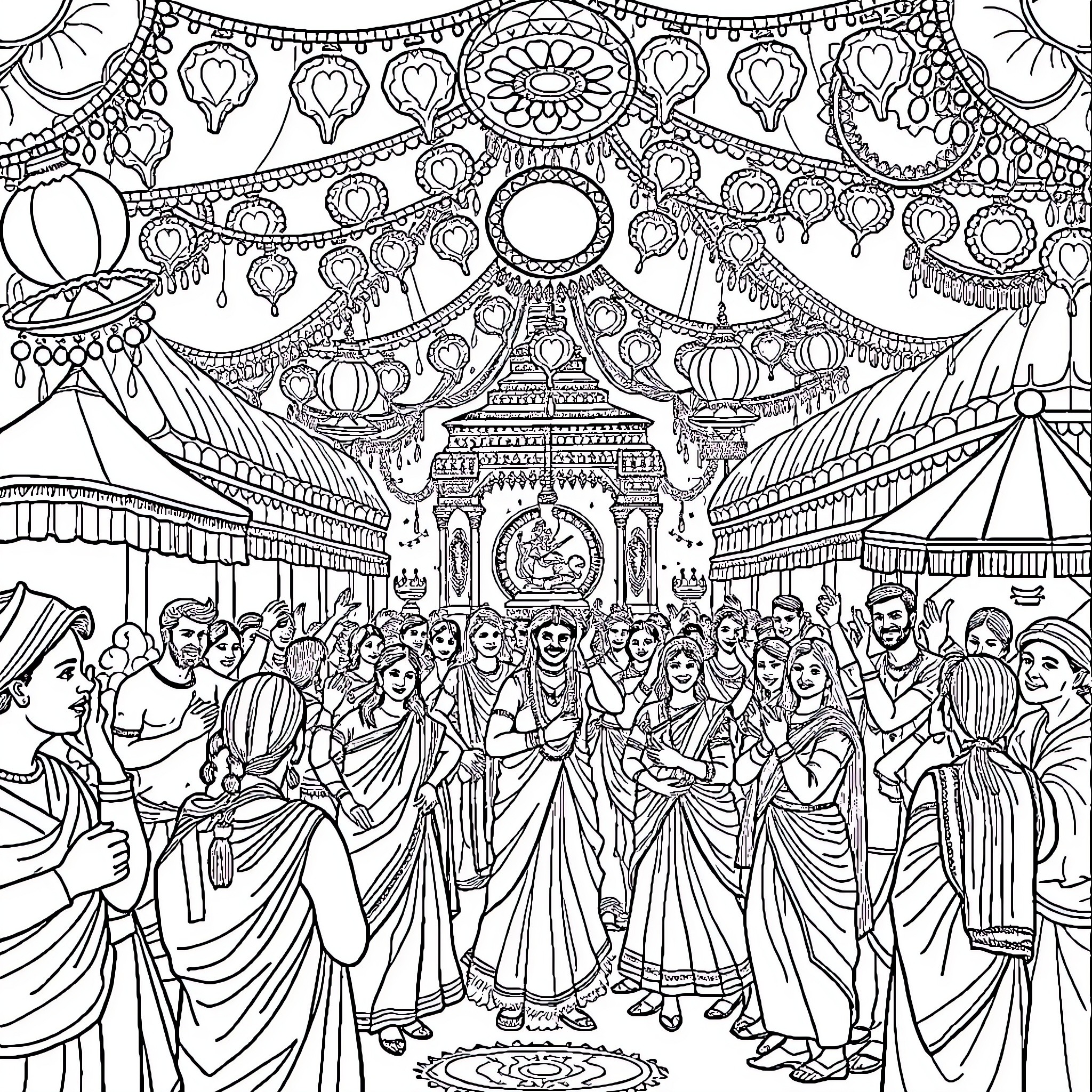 Festival of Diverse Celebrations and Traditions Coloring Page (free black-and-white line drawing printable PDF for all, from beginners to advanced learners, including children, teens, adults, and seniors)