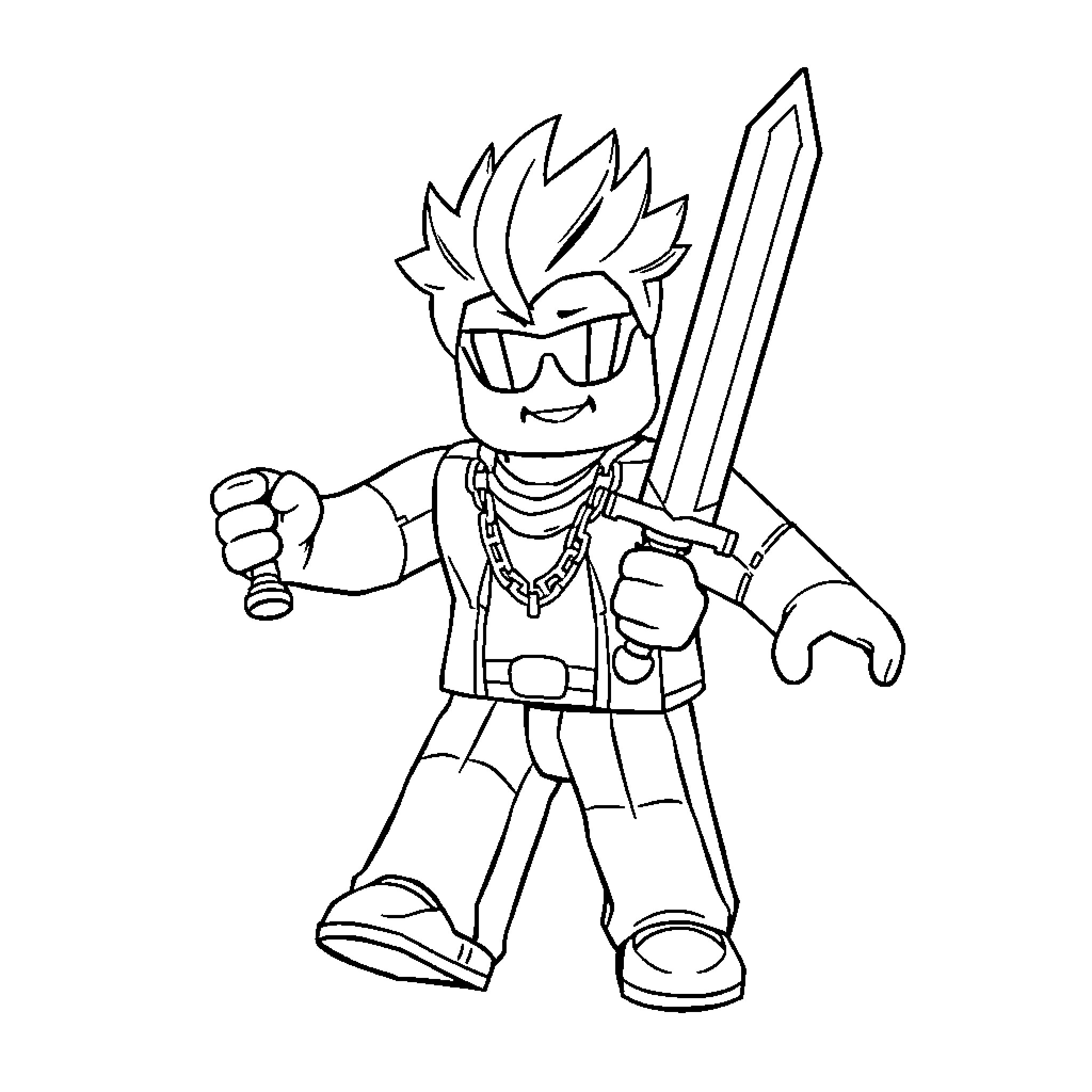 Noob Warrior with Sword and Shades Coloring Page (free black-and-white line drawing printable PDF for all, from beginners to advanced learners, including children, teens, adults, and seniors)