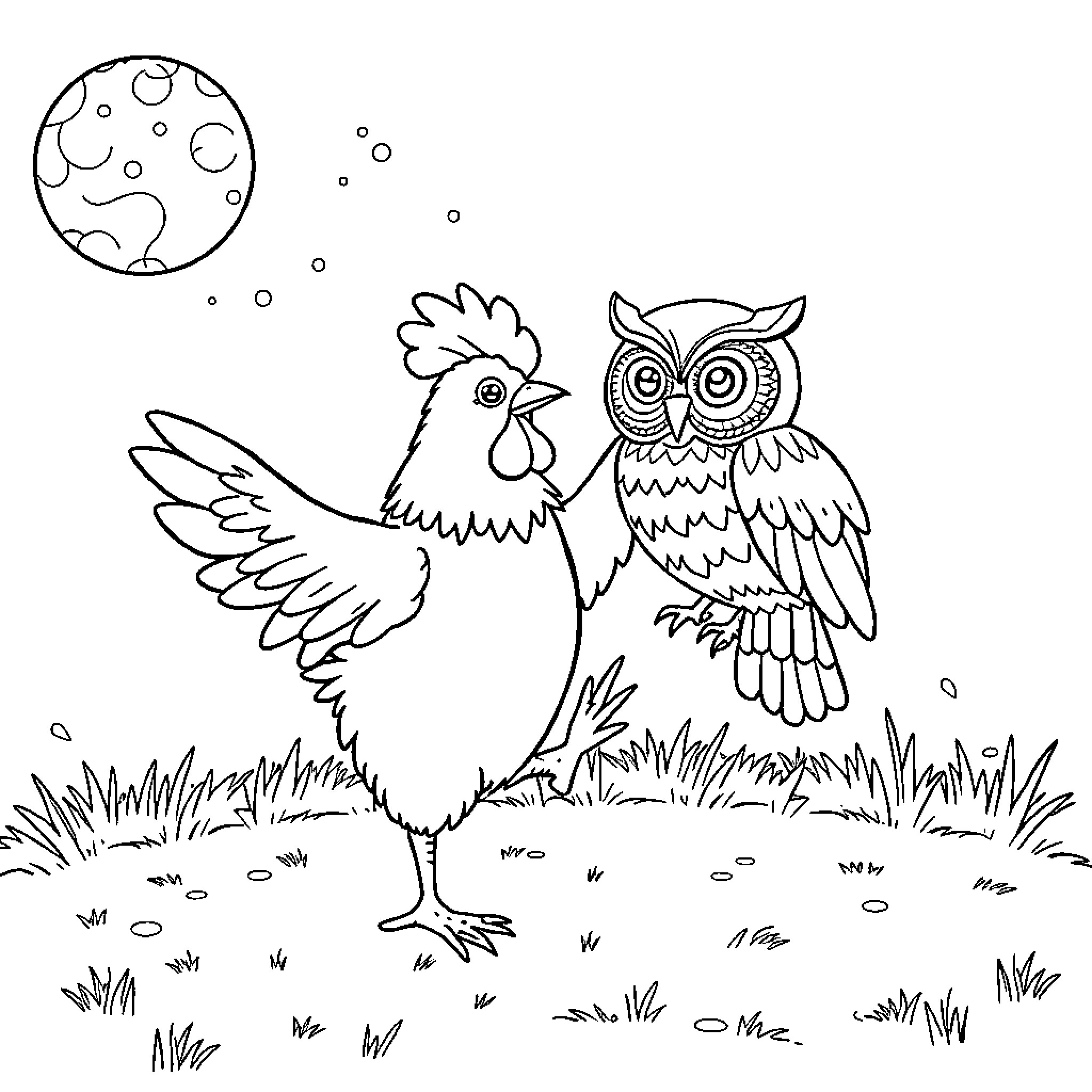 Chicken and Owl Interacting in Moonlit Meadow Coloring Page (free black-and-white line drawing printable PDF for all, from beginners to advanced learners, including children, teens, adults, and seniors)