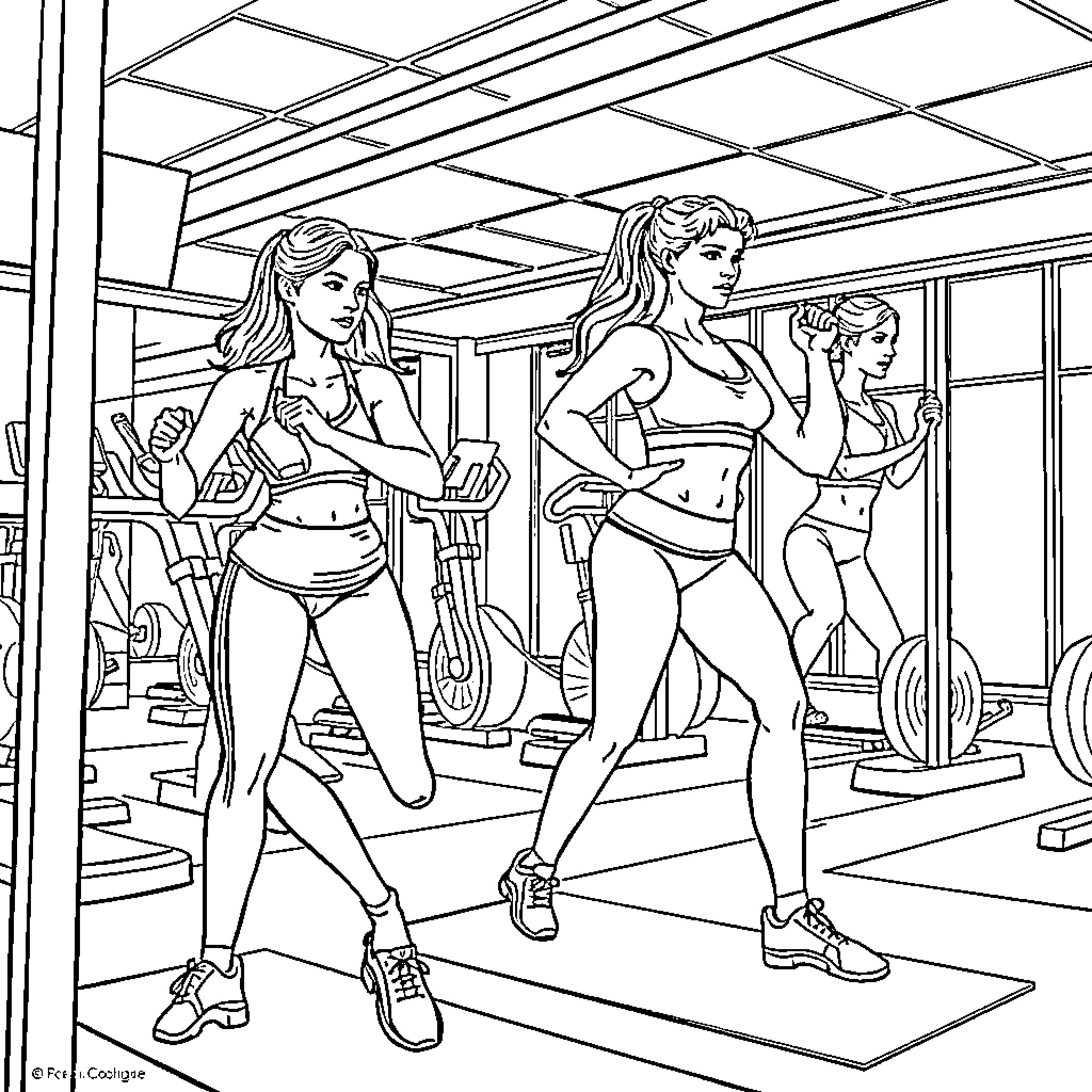 Women exercising at the gym Coloring Page (free black-and-white line drawing printable PDF for all, from beginners to advanced learners, including children, teens, adults, and seniors)