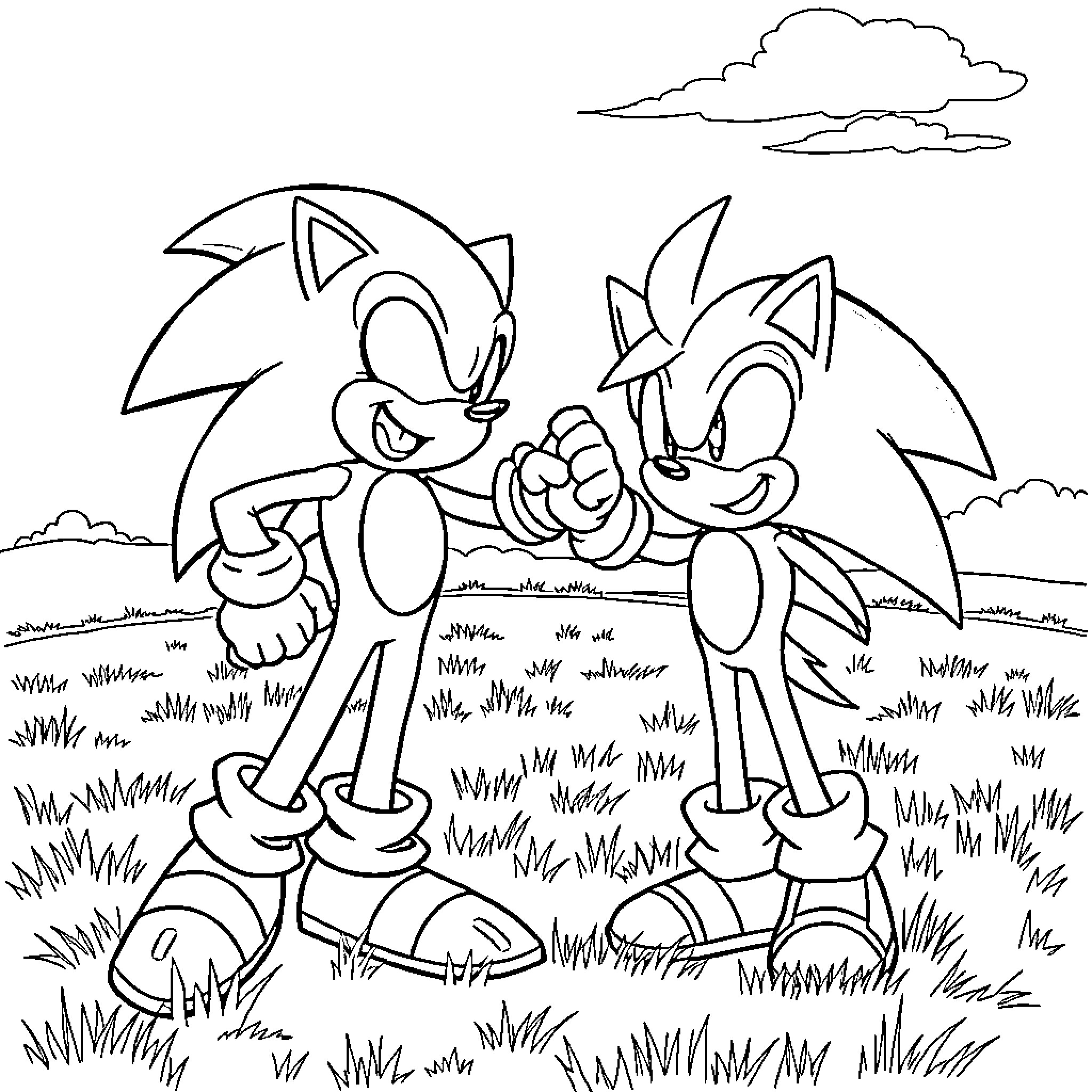 Sonic characters engaged in a playful scene Coloring Page (free black-and-white line drawing printable PDF for all, from beginners to advanced learners, including children, teens, adults, and seniors)