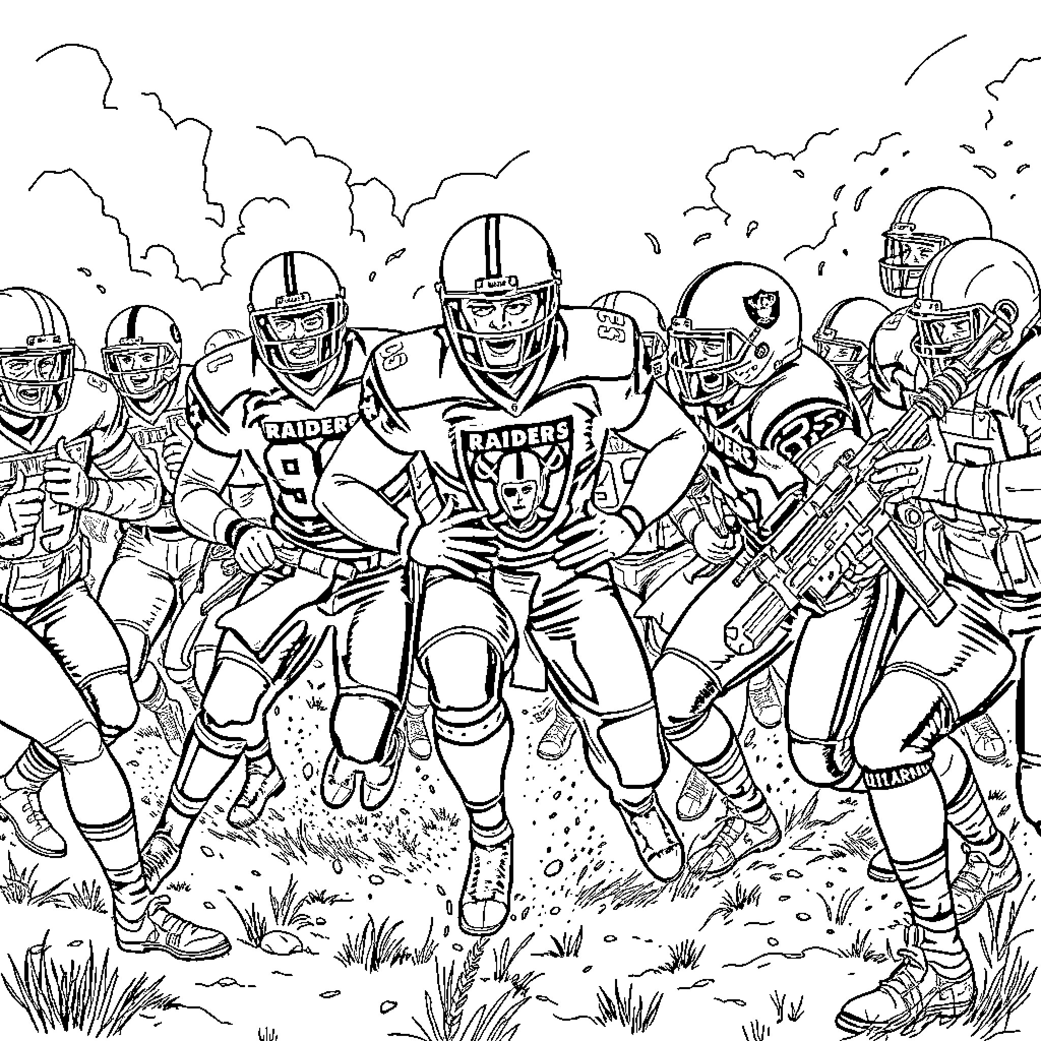 Football Players in Intense Game Action Coloring Page (free black-and-white line drawing printable PDF for all, from beginners to advanced learners, including children, teens, adults, and seniors)