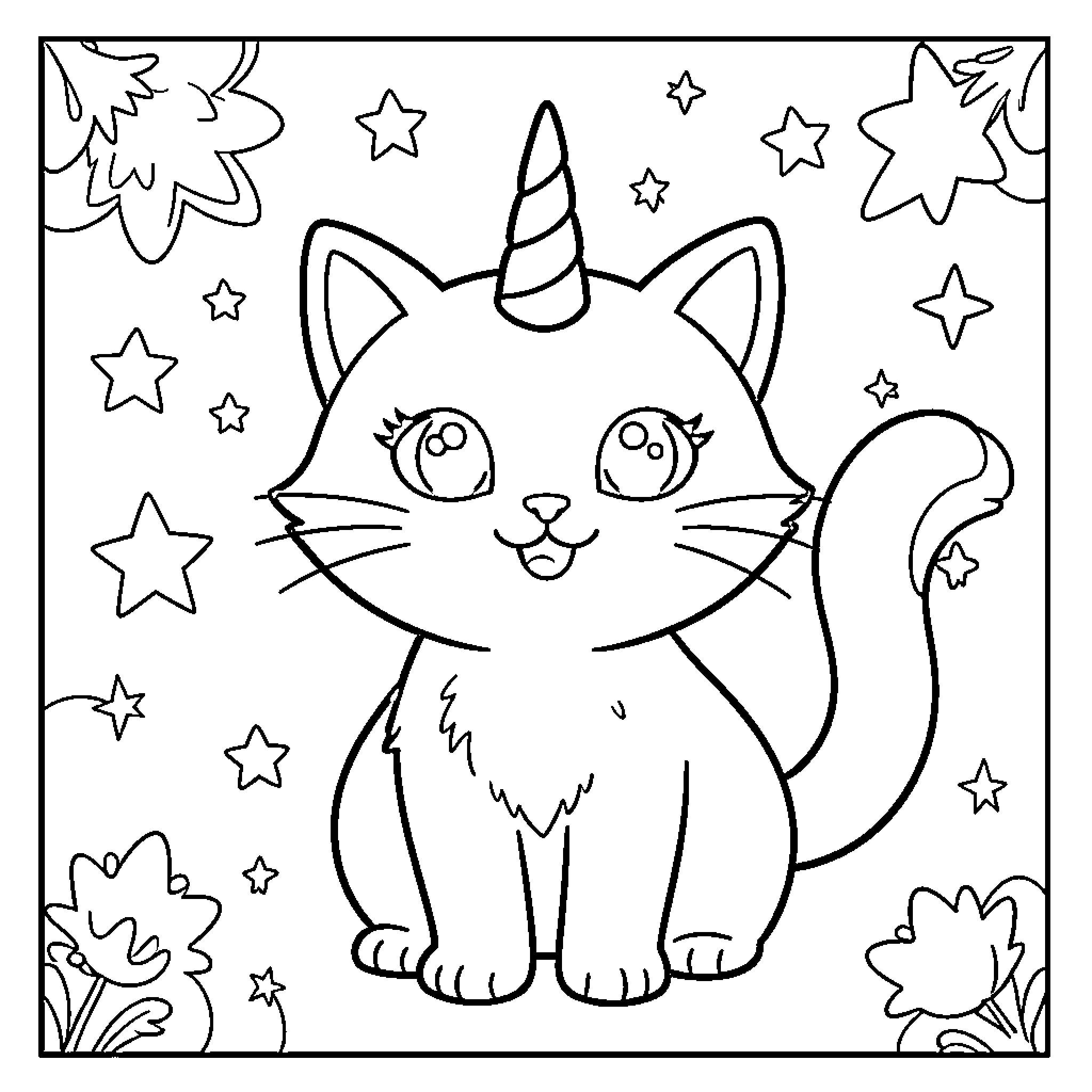 Cat unicorn with stars Coloring Page (free black-and-white line drawing printable PDF for all, from beginners to advanced learners, including children, teens, adults, and seniors)