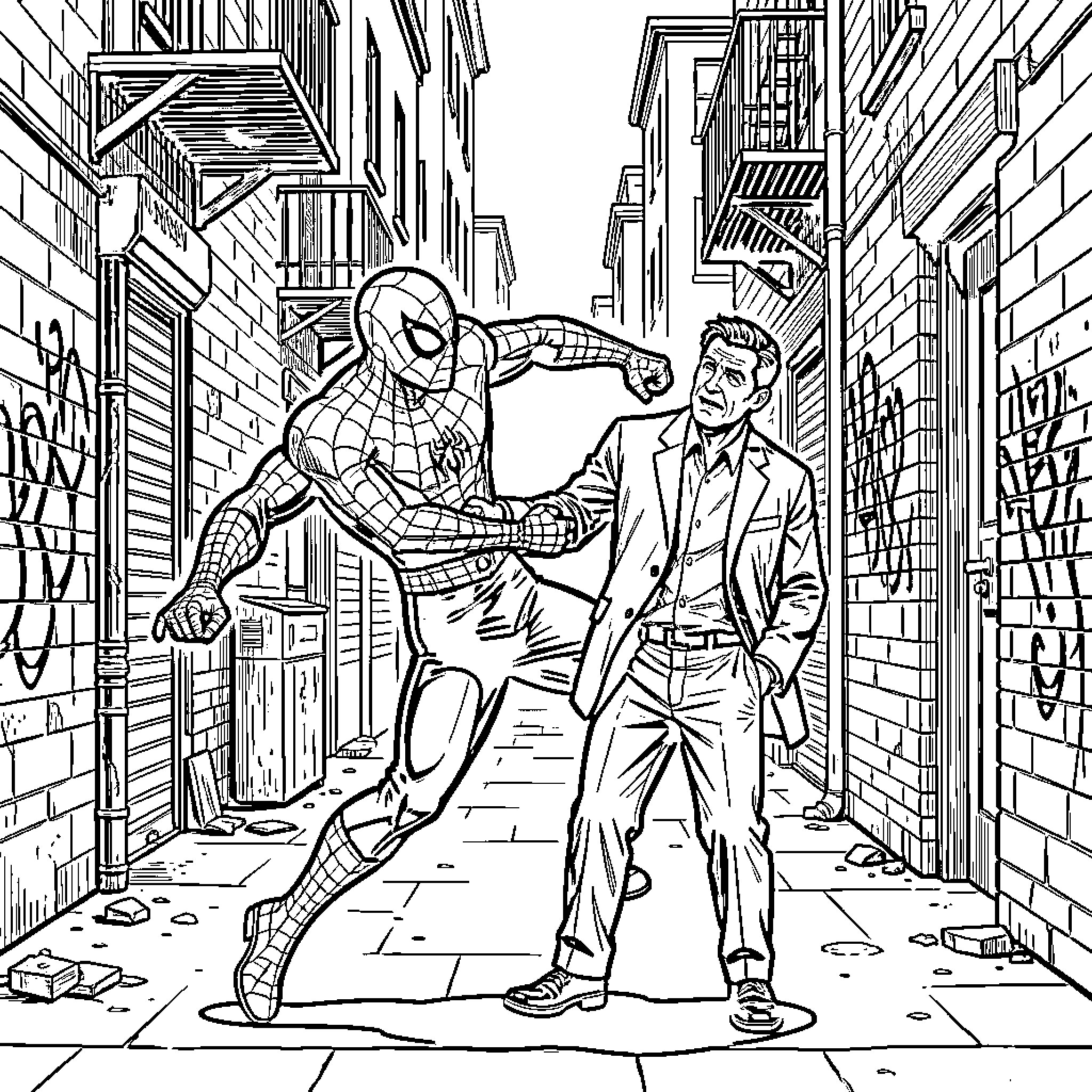 Spiderman lunging forward in a narrow city alleyway Coloring Page (free black-and-white line drawing printable PDF for all, from beginners to advanced learners, including children, teens, adults, and seniors)