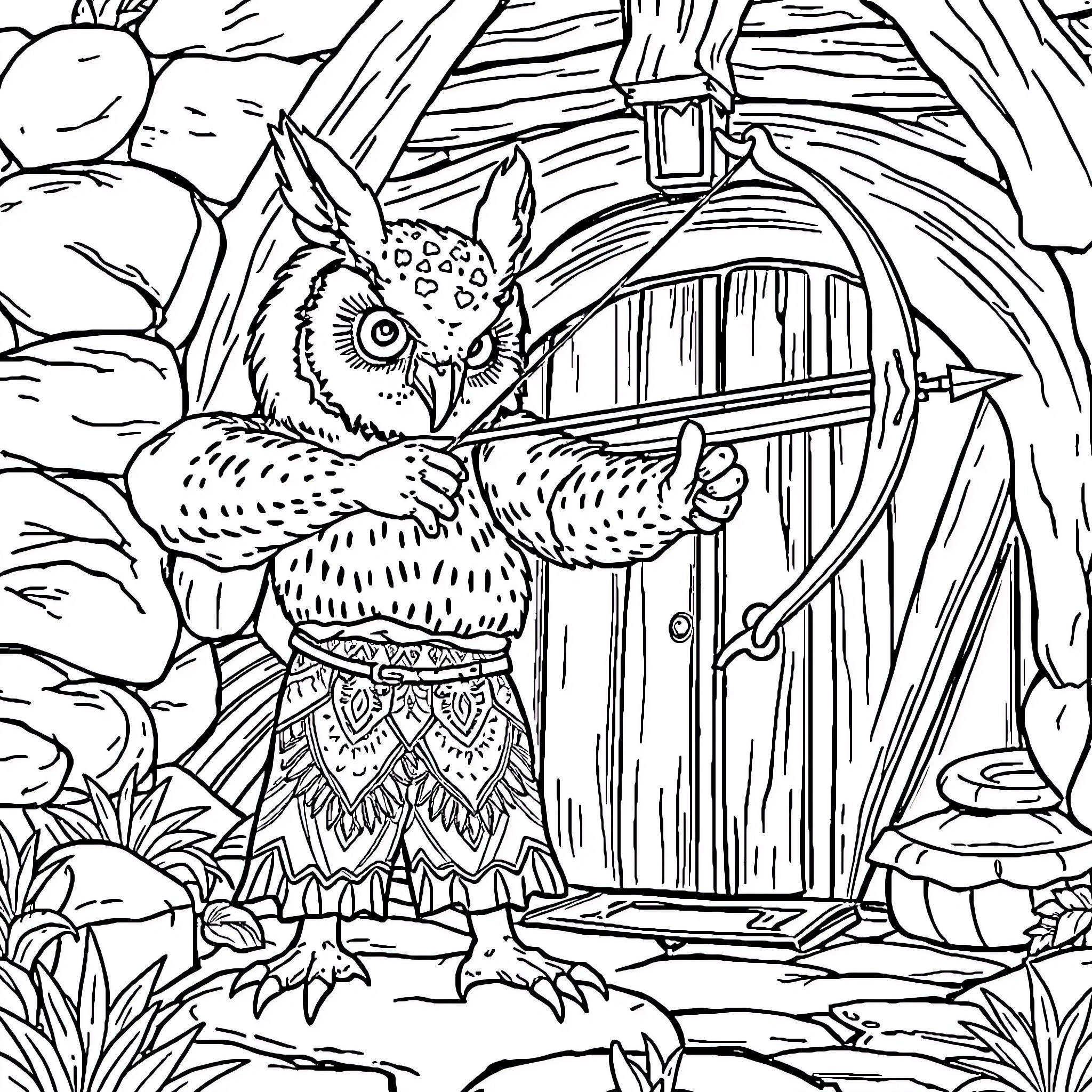 Owl guarding the enchanted forest door Coloring Page (free black-and-white line drawing printable PDF for all, from beginners to advanced learners, including children, teens, adults, and seniors)