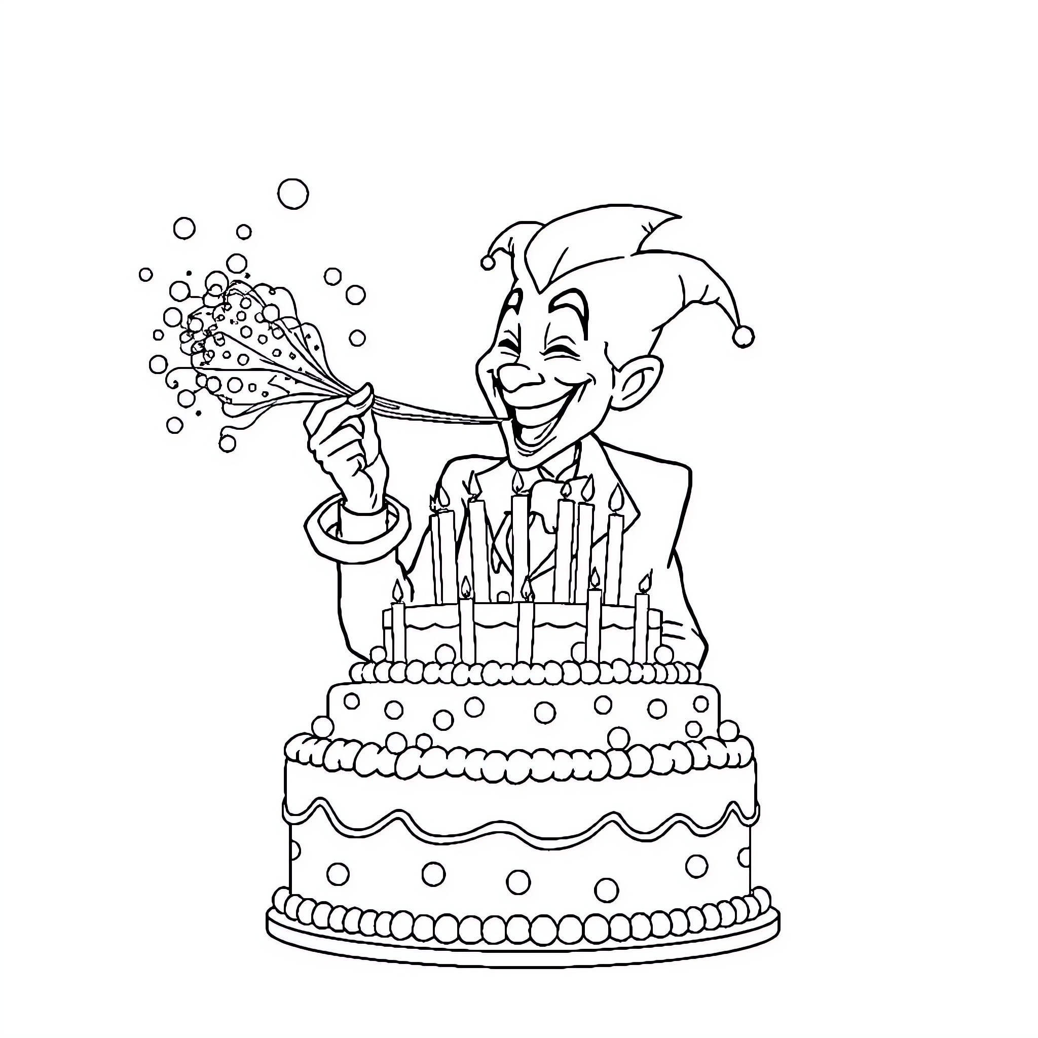 Joker celebrating with a birthday cake Coloring Page (free black-and-white line drawing printable PDF for all, from beginners to advanced learners, including children, teens, adults, and seniors)