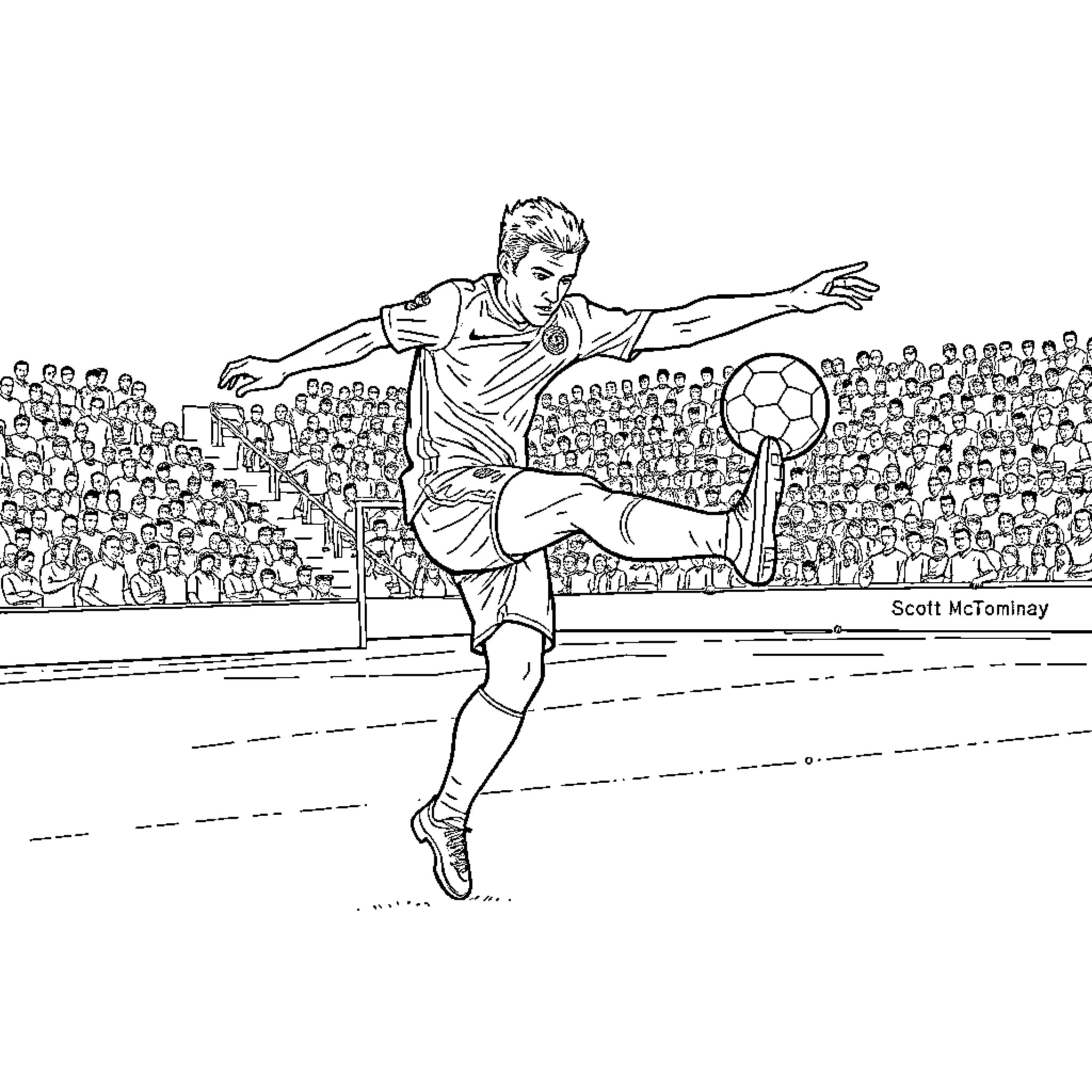 Football player kicks ball in crowded stadium Coloring Page (free black-and-white line drawing printable PDF for all, from beginners to advanced learners, including children, teens, adults, and seniors)