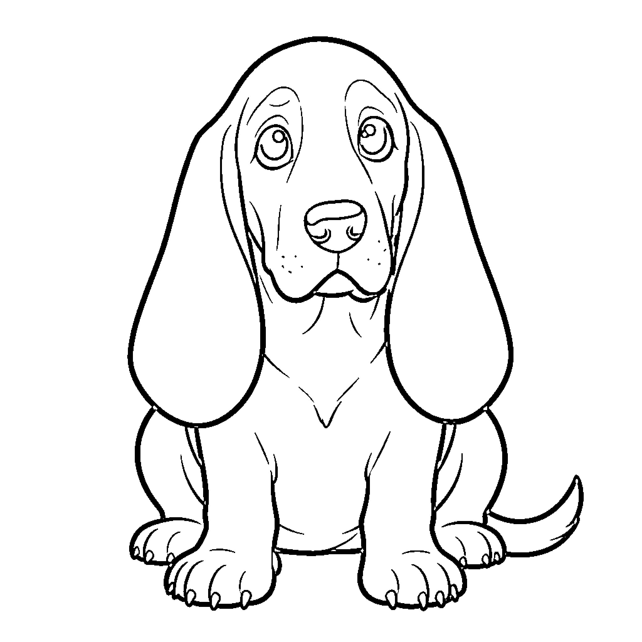 Basset Hound sitting with a sad facial expression Coloring Page (free black-and-white line drawing printable PDF for all, from beginners to advanced learners, including children, teens, adults, and seniors)