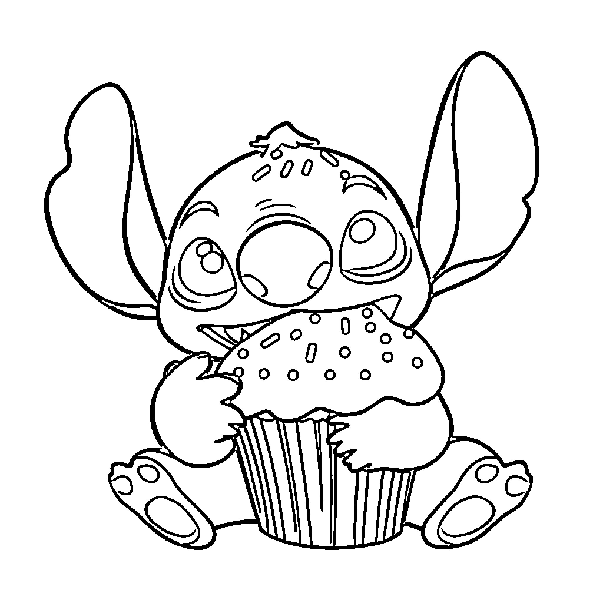 Stitch enjoying a delicious cupcake Coloring Page (free black-and-white line drawing printable PDF for all, from beginners to advanced learners, including children, teens, adults, and seniors)
