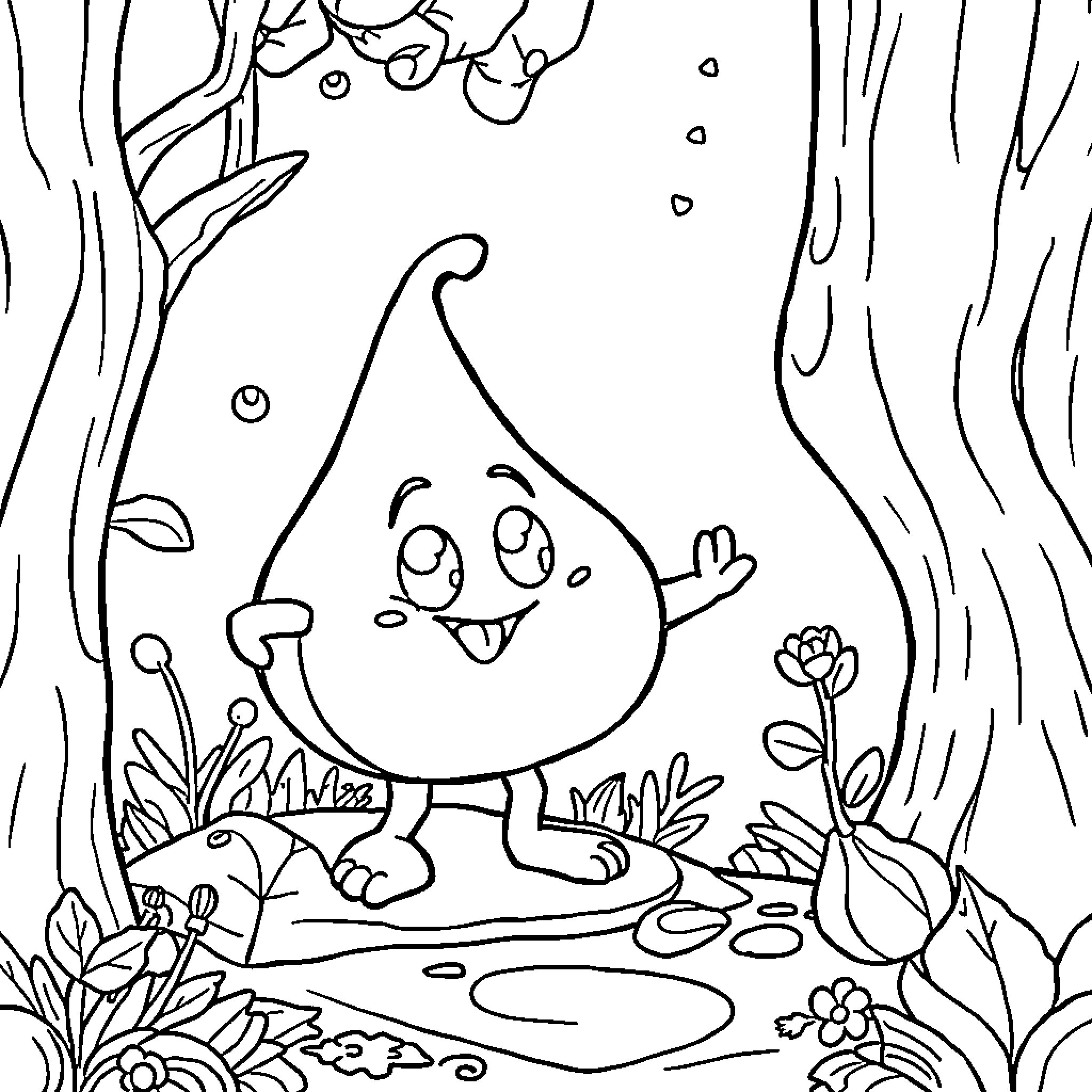 Fig Friendly creature in nature scene Coloring Page (free black-and-white line drawing printable PDF for all, from beginners to advanced learners, including children, teens, adults, and seniors)
