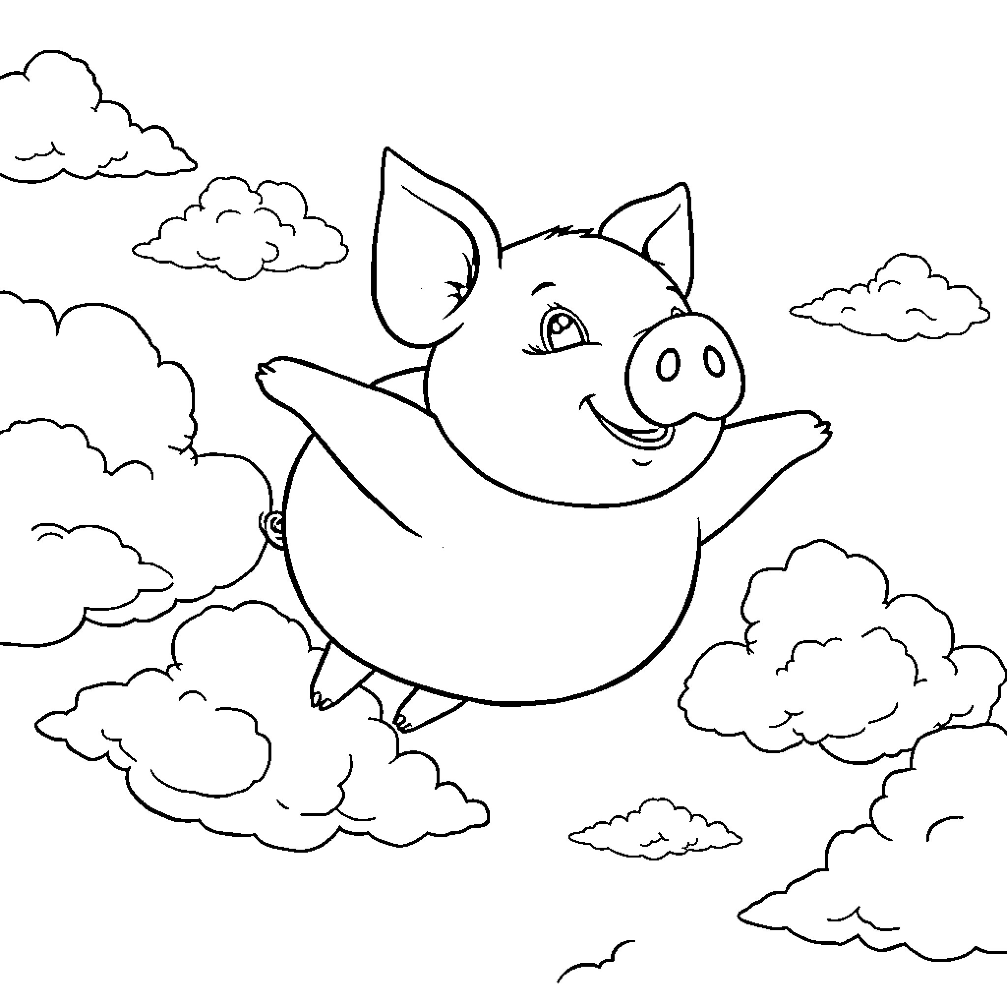 Flying Pig Soaring Through Cloudy Skies Coloring Page (free black-and-white line drawing printable PDF for all, from beginners to advanced learners, including children, teens, adults, and seniors)