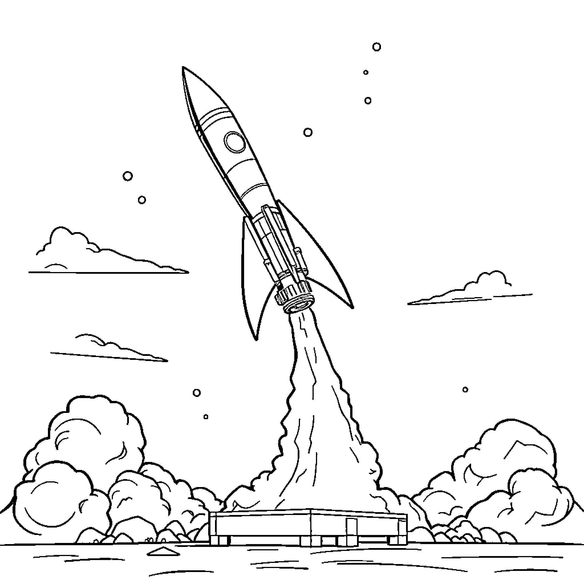 Rocket Launcher Blasting Off into the Sky Coloring Page (free black-and-white line drawing printable PDF for all, from beginners to advanced learners, including children, teens, adults, and seniors)