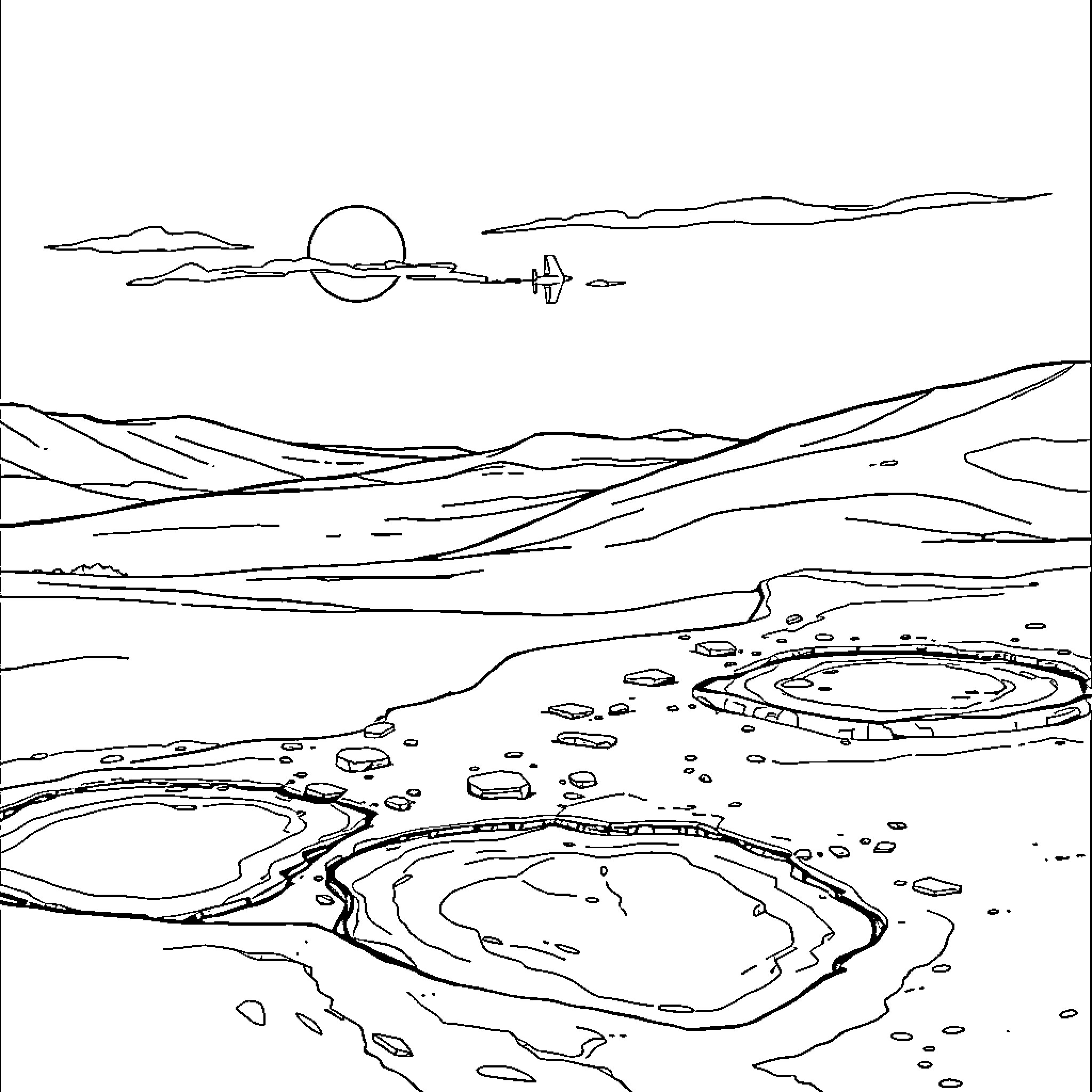 Gobi Desert landscape with sunrise and dry riverbed Coloring Page (free black-and-white line drawing printable PDF for all, from beginners to advanced learners, including children, teens, adults, and seniors)