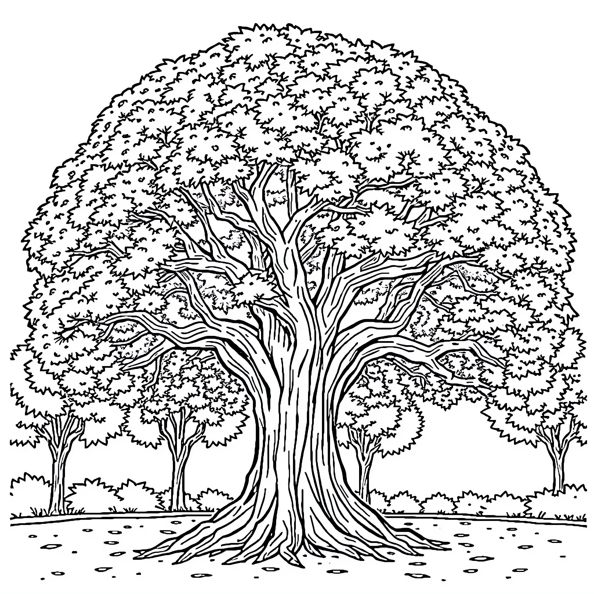 Tree with intricate branches in a lush forest Coloring Page (free black-and-white line drawing printable PDF for all, from beginners to advanced learners, including children, teens, adults, and seniors)