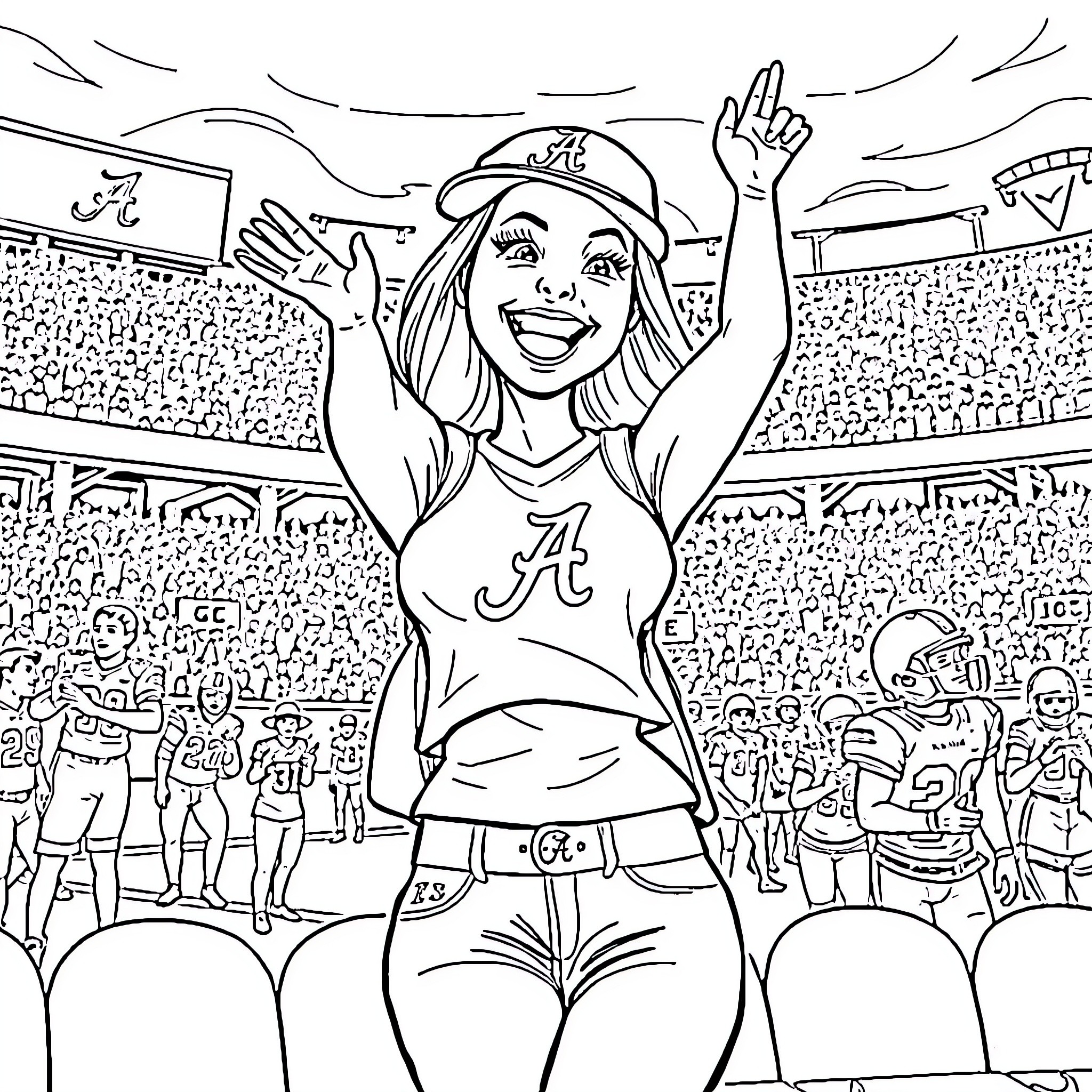 Woman enthusiastically cheering at a sports event Coloring Page (free black-and-white line drawing printable PDF for all, from beginners to advanced learners, including children, teens, adults, and seniors)