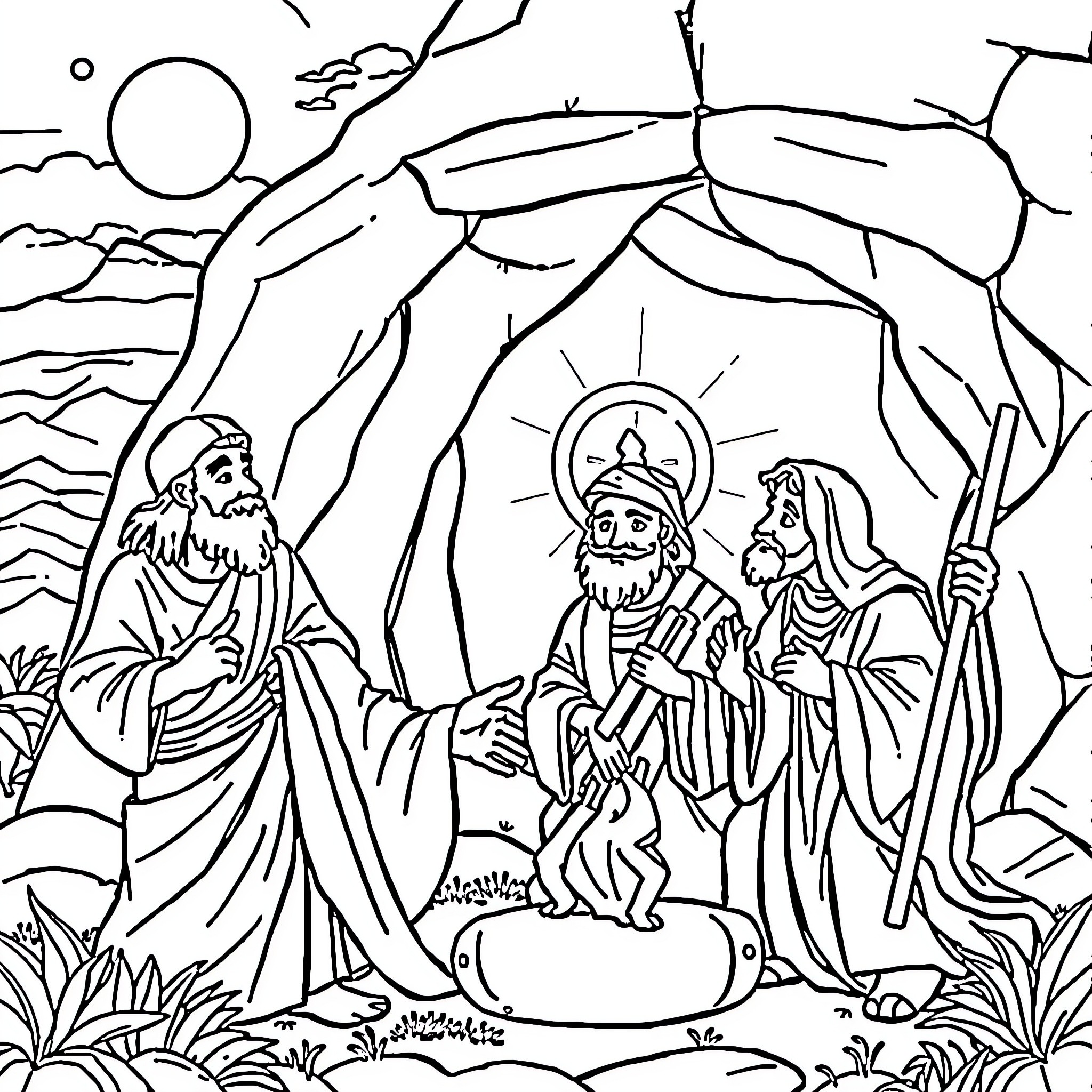 Bible Stories: Three Wise Men Visiting Jesus Coloring Page (free black-and-white line drawing printable PDF for all, from beginners to advanced learners, including children, teens, adults, and seniors)