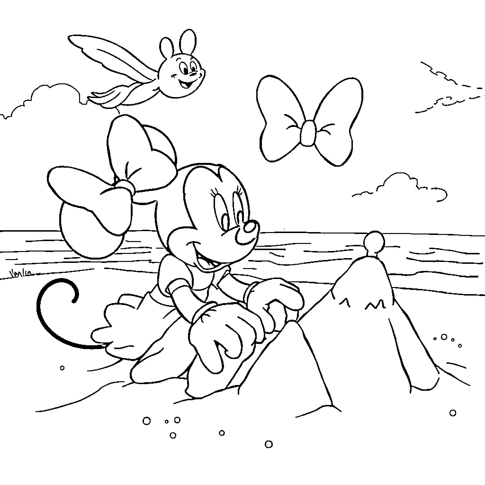 Minnie Mouse enjoying a beach day with her friends Coloring Page (free black-and-white line drawing printable PDF for all, from beginners to advanced learners, including children, teens, adults, and seniors)