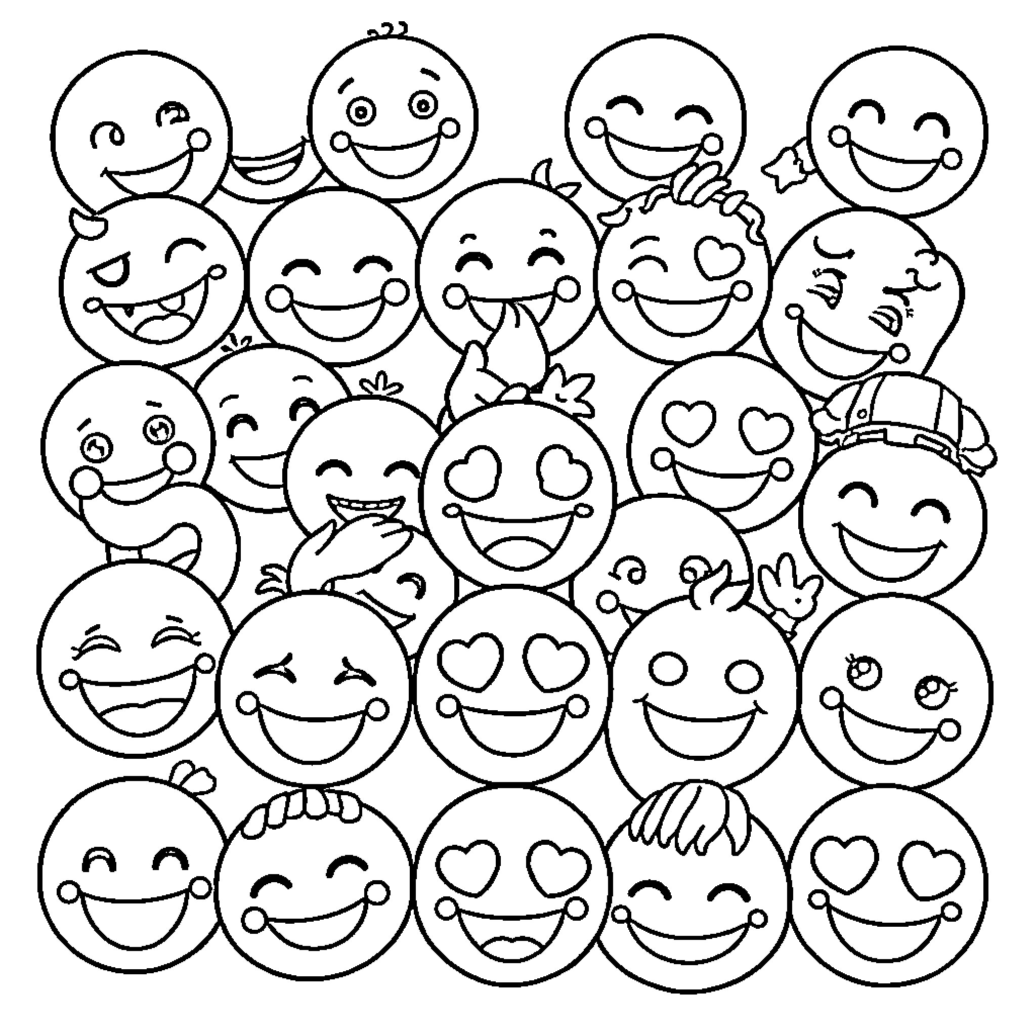 Emoji Faces with Cheerful Expressions Coloring Page (free black-and-white line drawing printable PDF for all, from beginners to advanced learners, including children, teens, adults, and seniors)