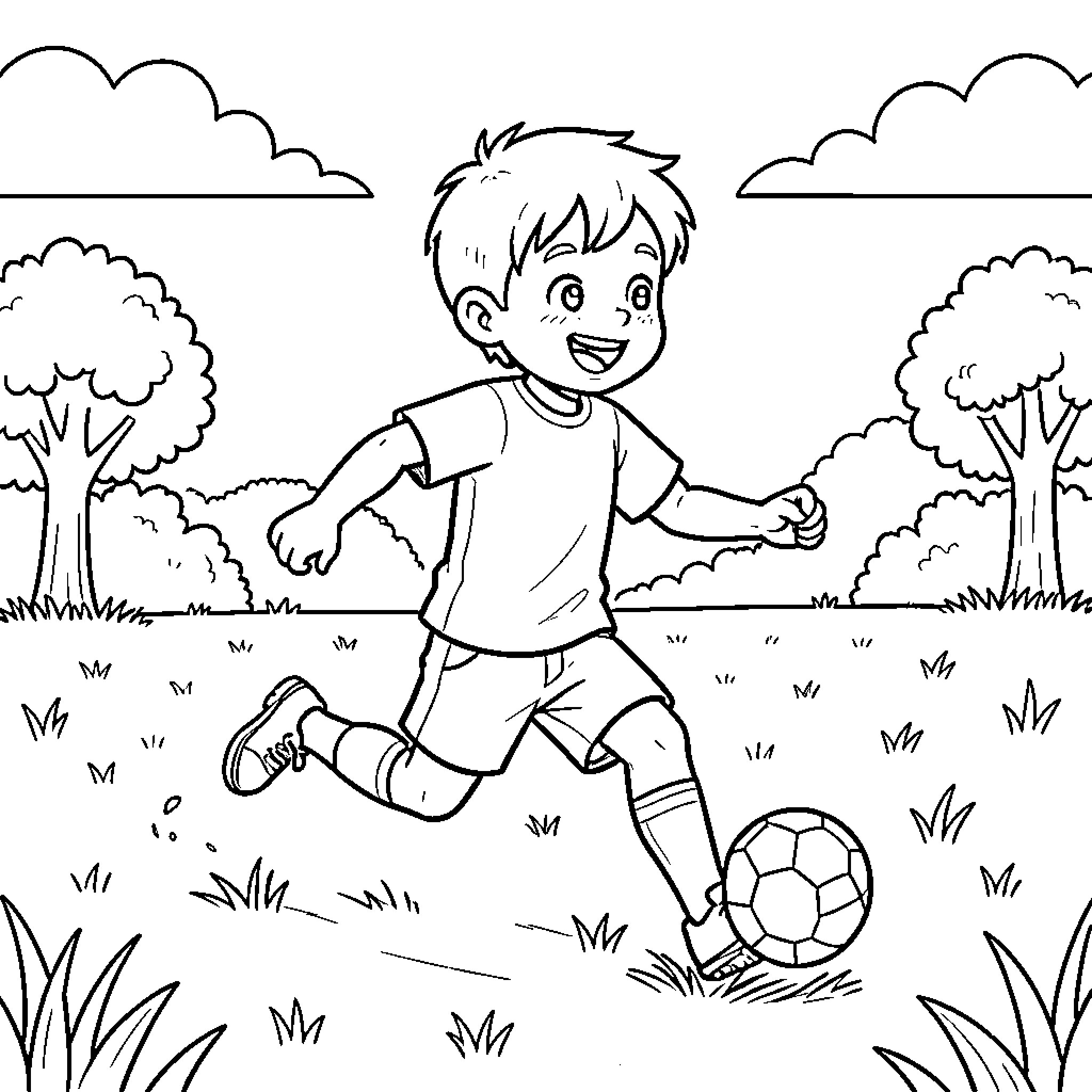 Kid playing soccer happily in the park Coloring Page (free black-and-white line drawing printable PDF for all, from beginners to advanced learners, including children, teens, adults, and seniors)