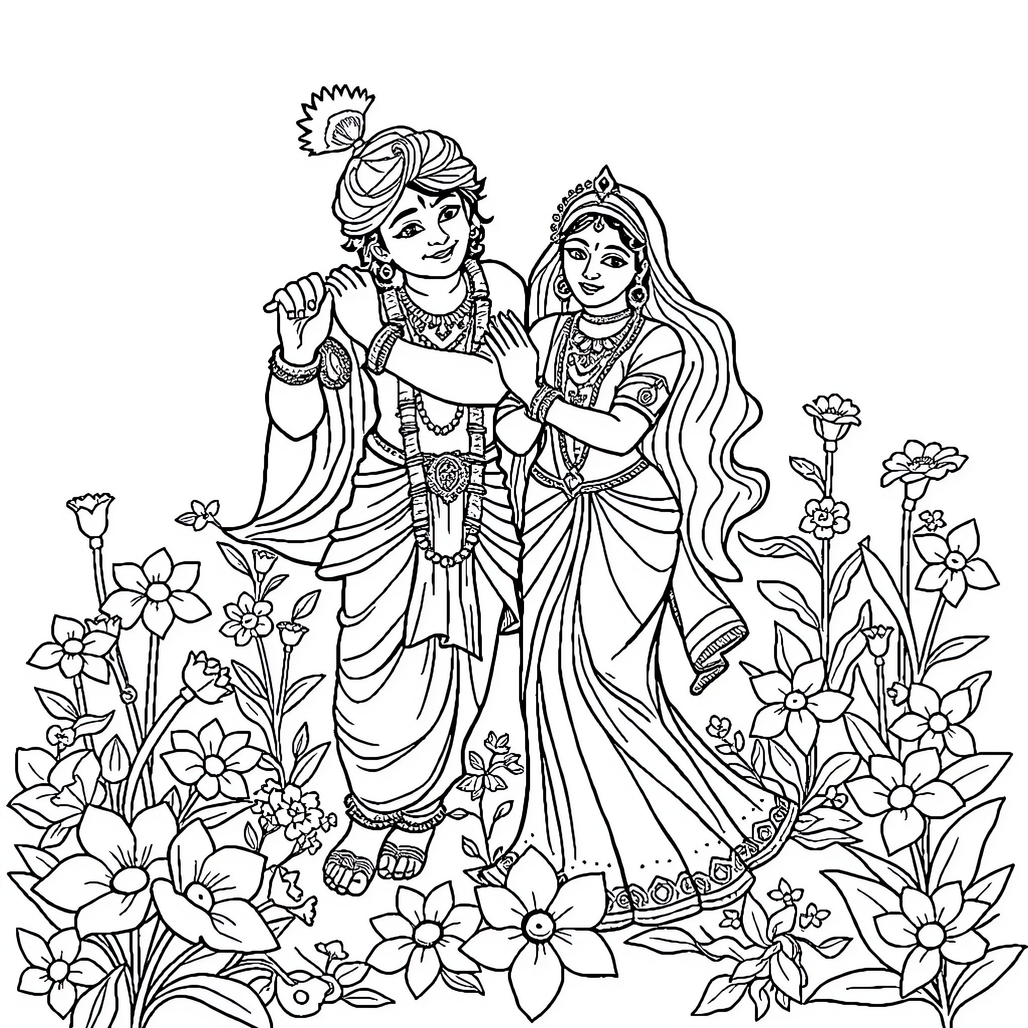 Krishna and Radha in Floral Embrace Coloring Page (free black-and-white line drawing printable PDF for all, from beginners to advanced learners, including children, teens, adults, and seniors)