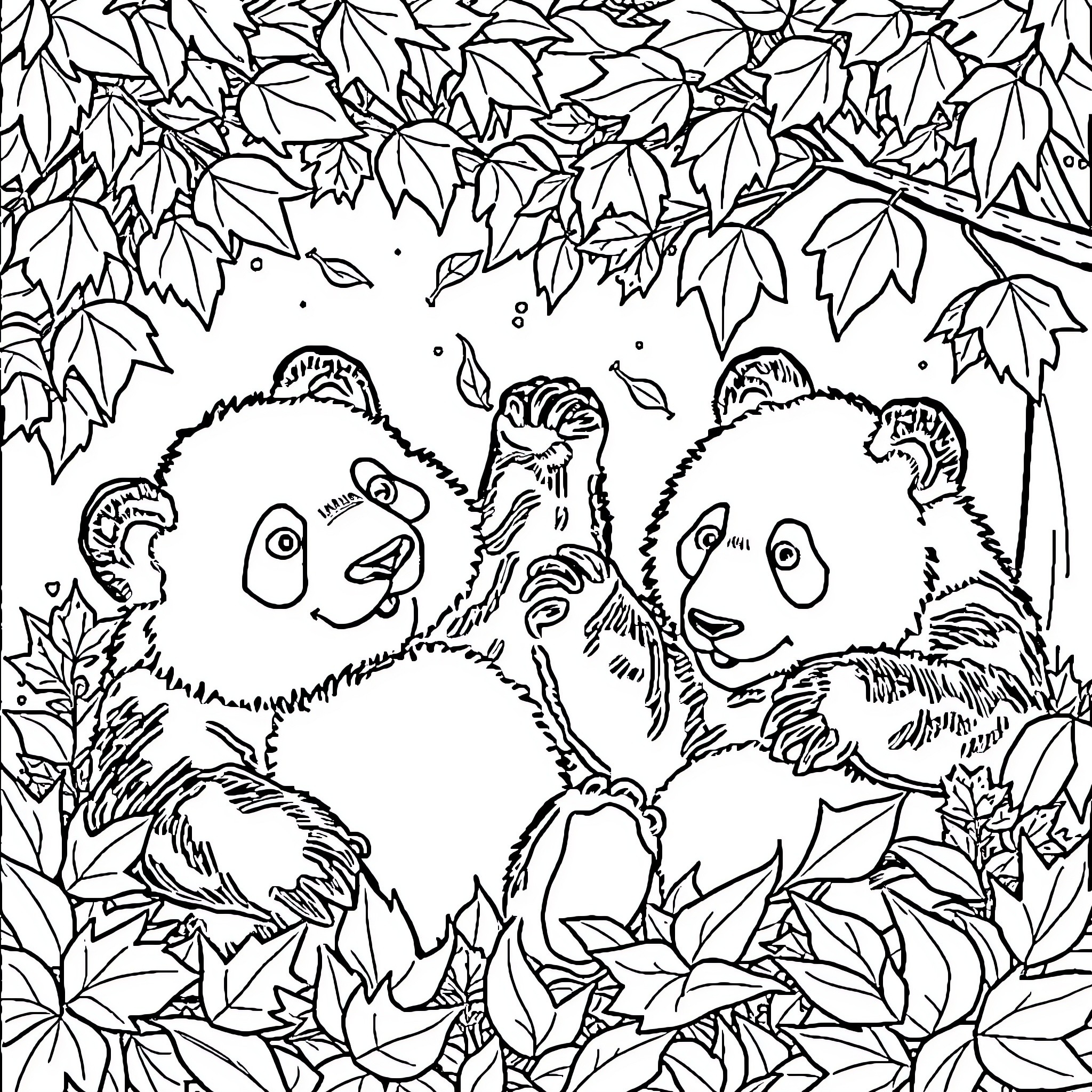 Panda friends exploring the forest together Coloring Page (free black-and-white line drawing printable PDF for all, from beginners to advanced learners, including children, teens, adults, and seniors)