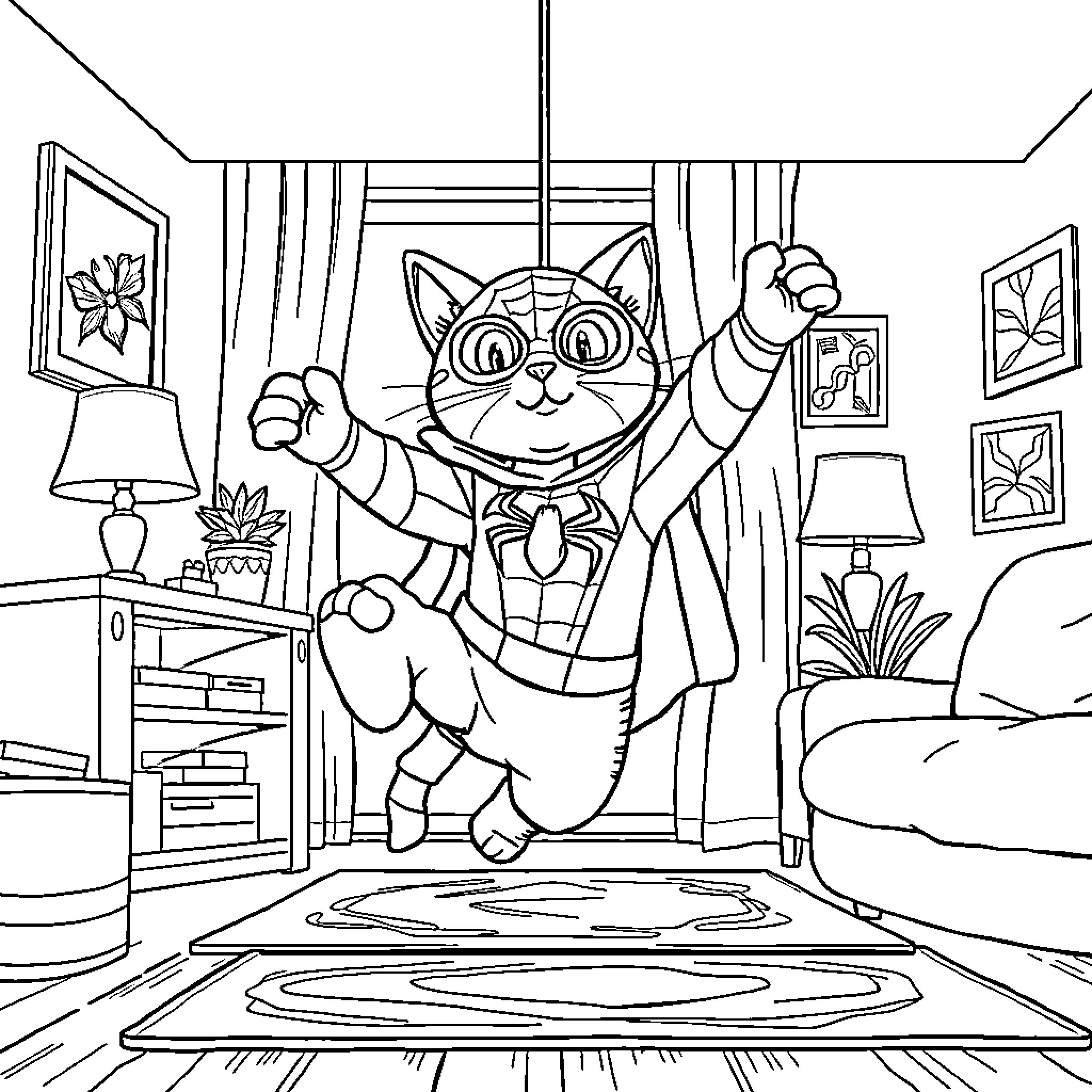 Spiderman Cat leaping in a living room Coloring Page (free black-and-white line drawing printable PDF for all, from beginners to advanced learners, including children, teens, adults, and seniors)