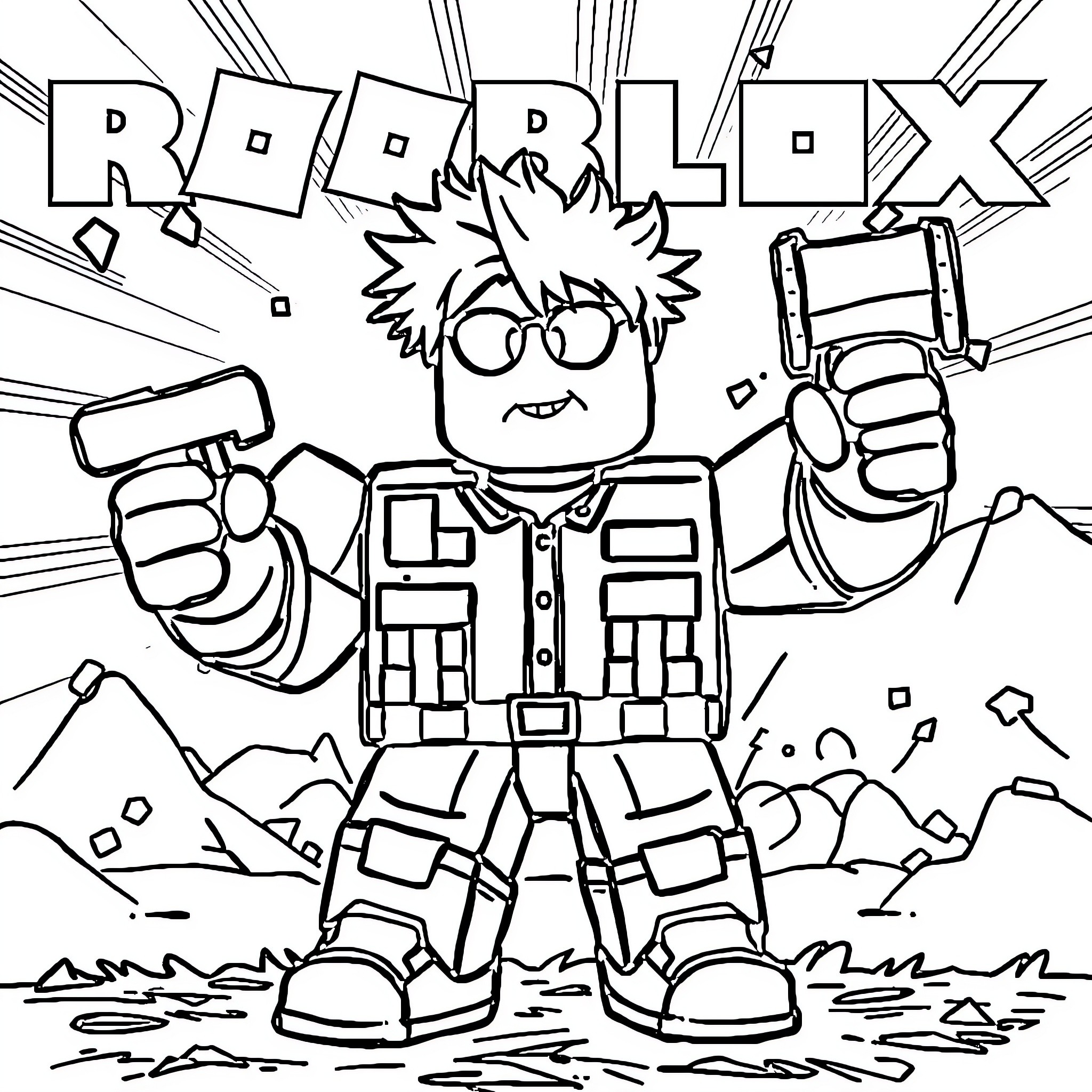 Roblox character in action pose with weapons Coloring Page (free black-and-white line drawing printable PDF for all, from beginners to advanced learners, including children, teens, adults, and seniors)