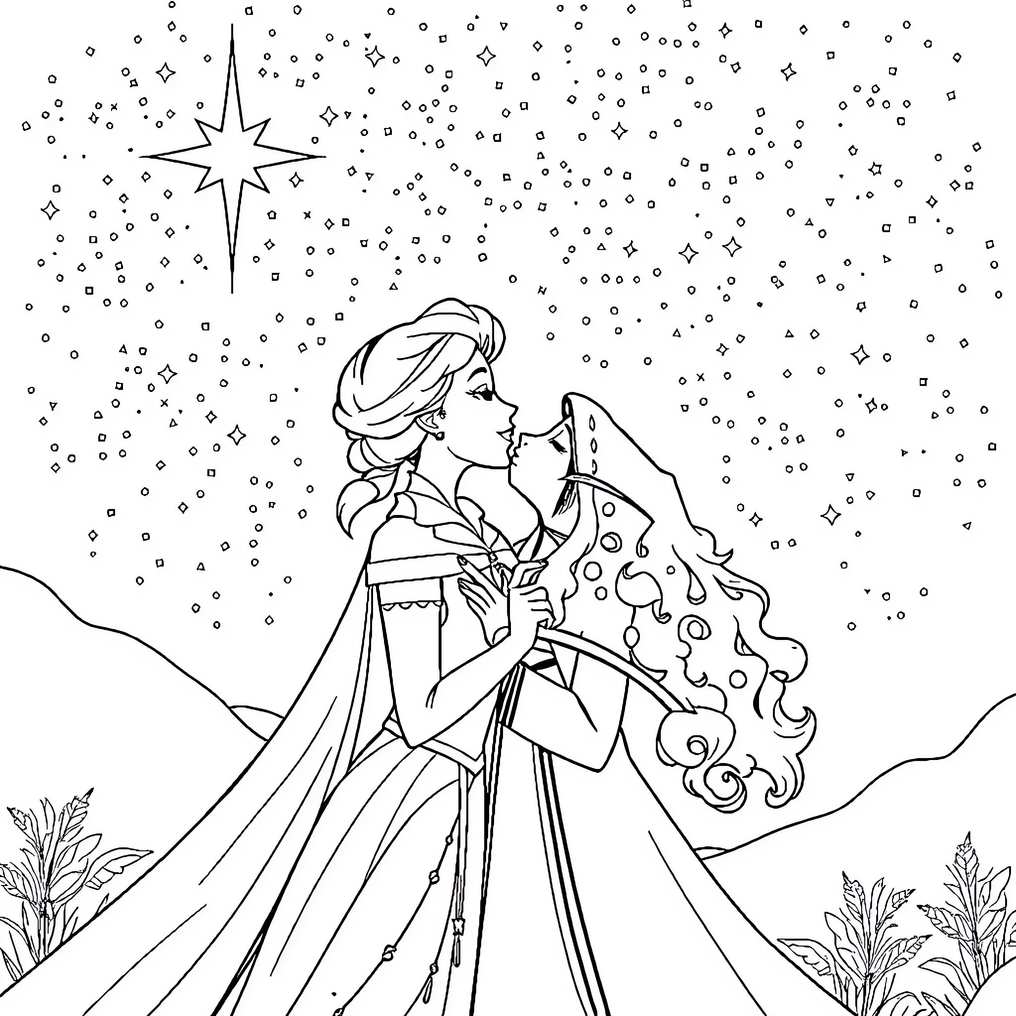 Queen's Winter Fantasy in the Starry Night Coloring Page (free black-and-white line drawing printable PDF for all, from beginners to advanced learners, including children, teens, adults, and seniors)