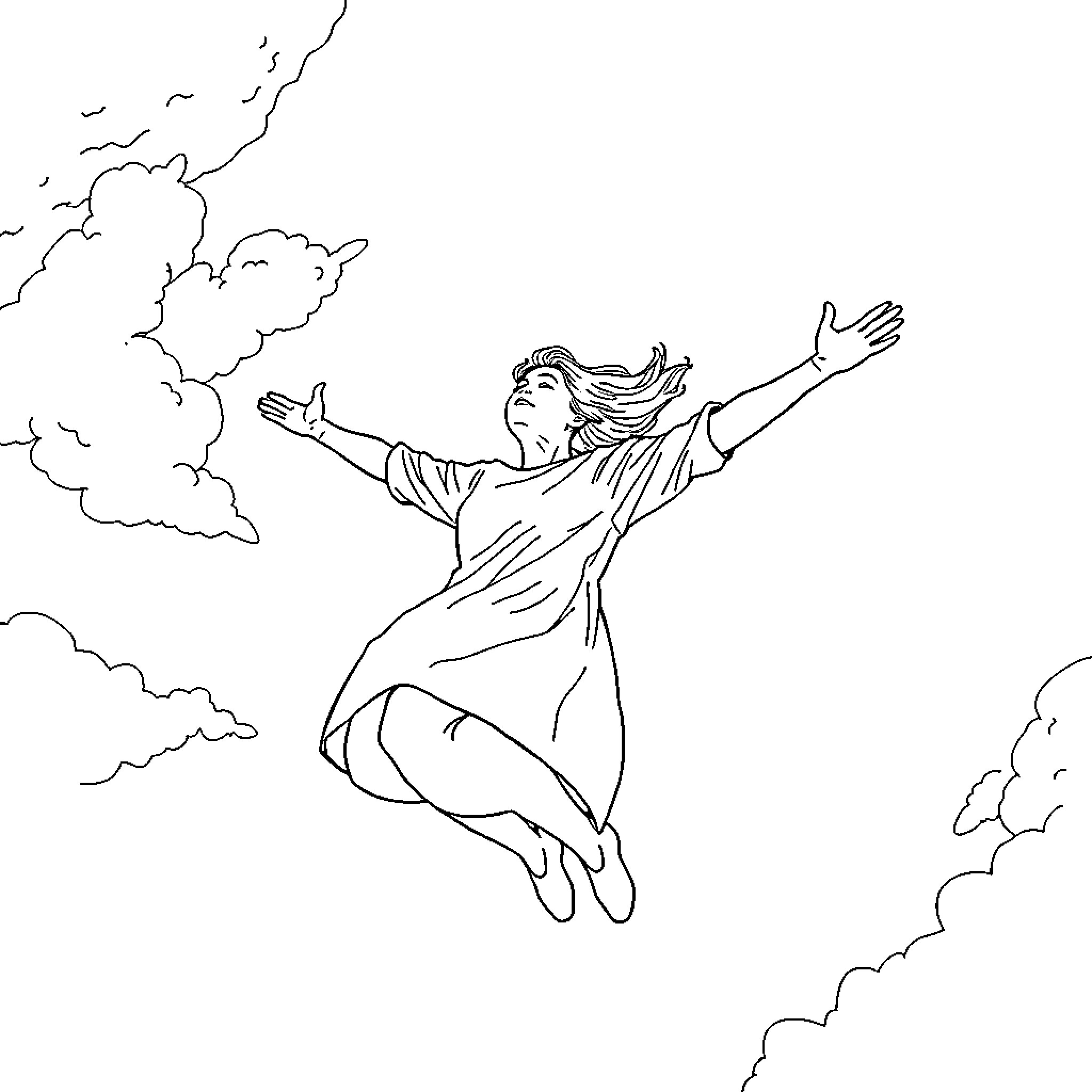 Flying woman joyously leaping in the clouds Coloring Page (free black-and-white line drawing printable PDF for all, from beginners to advanced learners, including children, teens, adults, and seniors)