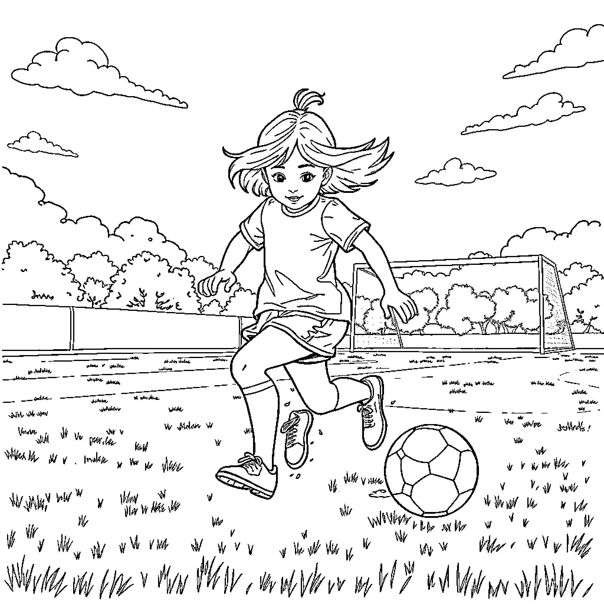 Girl playing soccer in the park Coloring Page (free black-and-white line drawing printable PDF for all, from beginners to advanced learners, including children, teens, adults, and seniors)