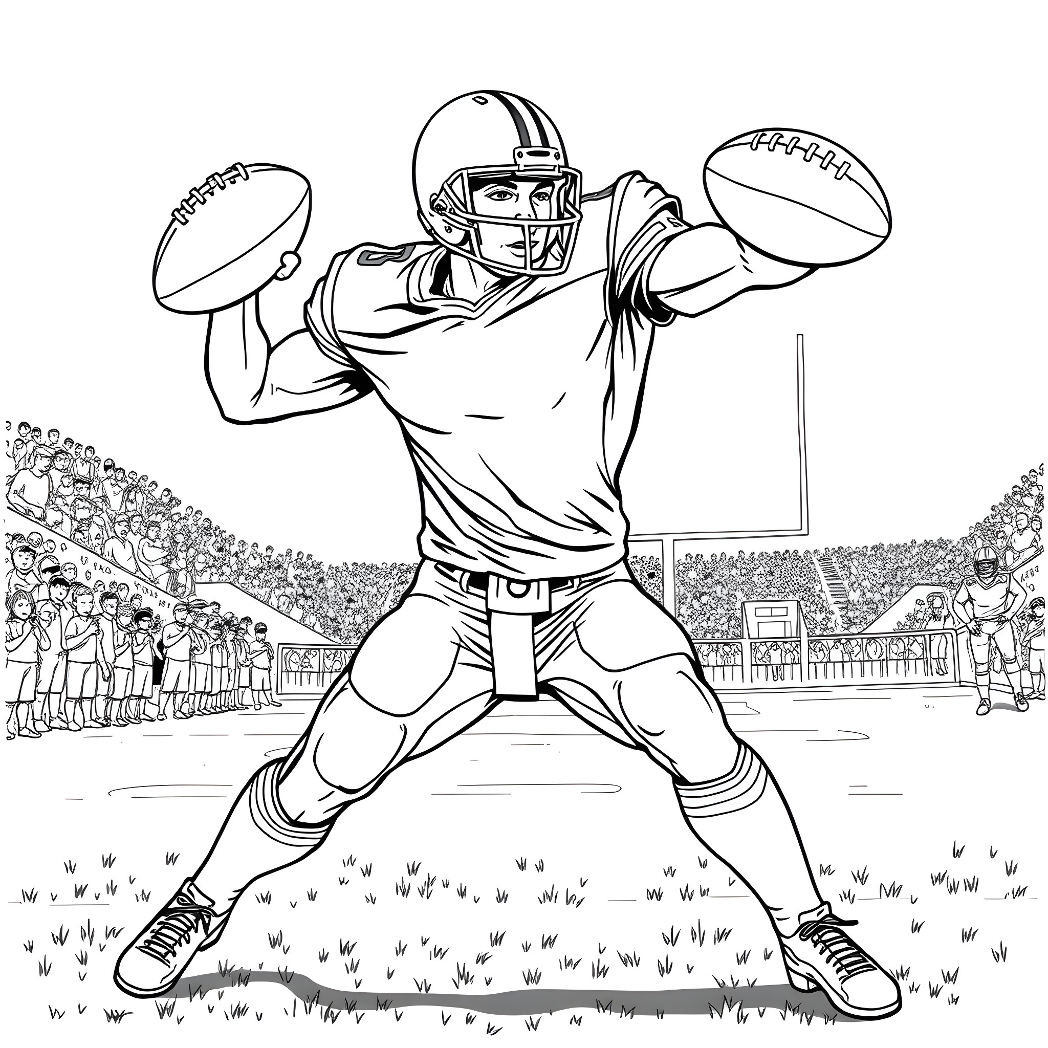 Man playing American football on the field Coloring Page (free black-and-white line drawing printable PDF for all, from beginners to advanced learners, including children, teens, adults, and seniors)