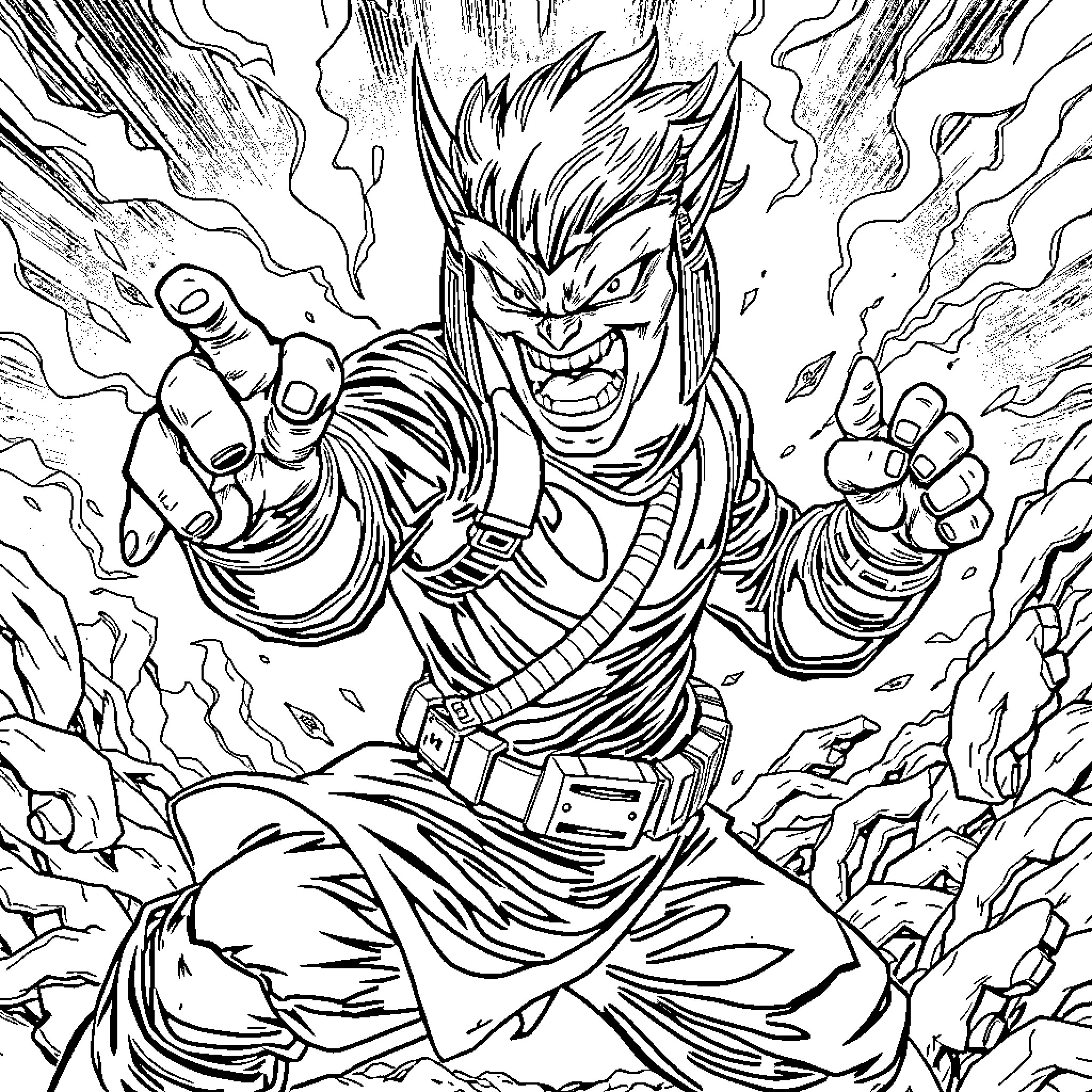 Verso Powerful Warrior Unleashing Intense Energy Coloring Page (free black-and-white line drawing printable PDF for all, from beginners to advanced learners, including children, teens, adults, and seniors)