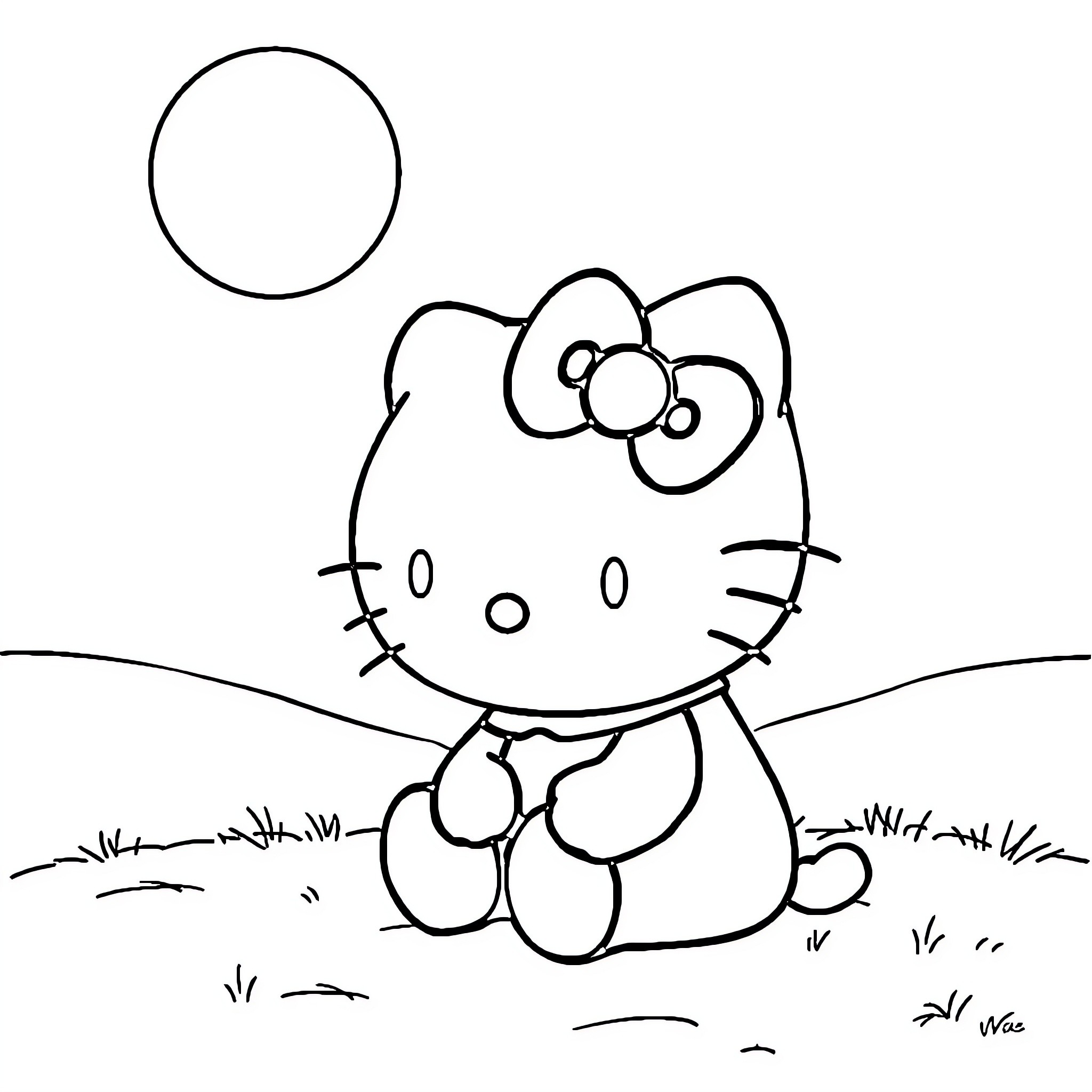Hello Kitty sitting on the grass Coloring Page (free black-and-white line drawing printable PDF for all, from beginners to advanced learners, including children, teens, adults, and seniors)
