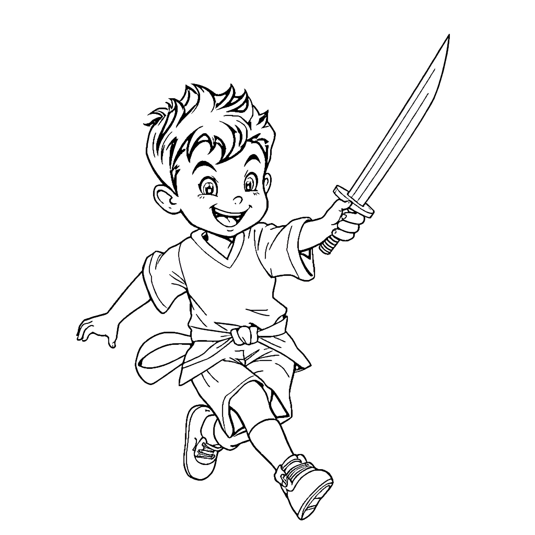 Boy playing with sword in happy mood Coloring Page (free black-and-white line drawing printable PDF for all, from beginners to advanced learners, including children, teens, adults, and seniors)