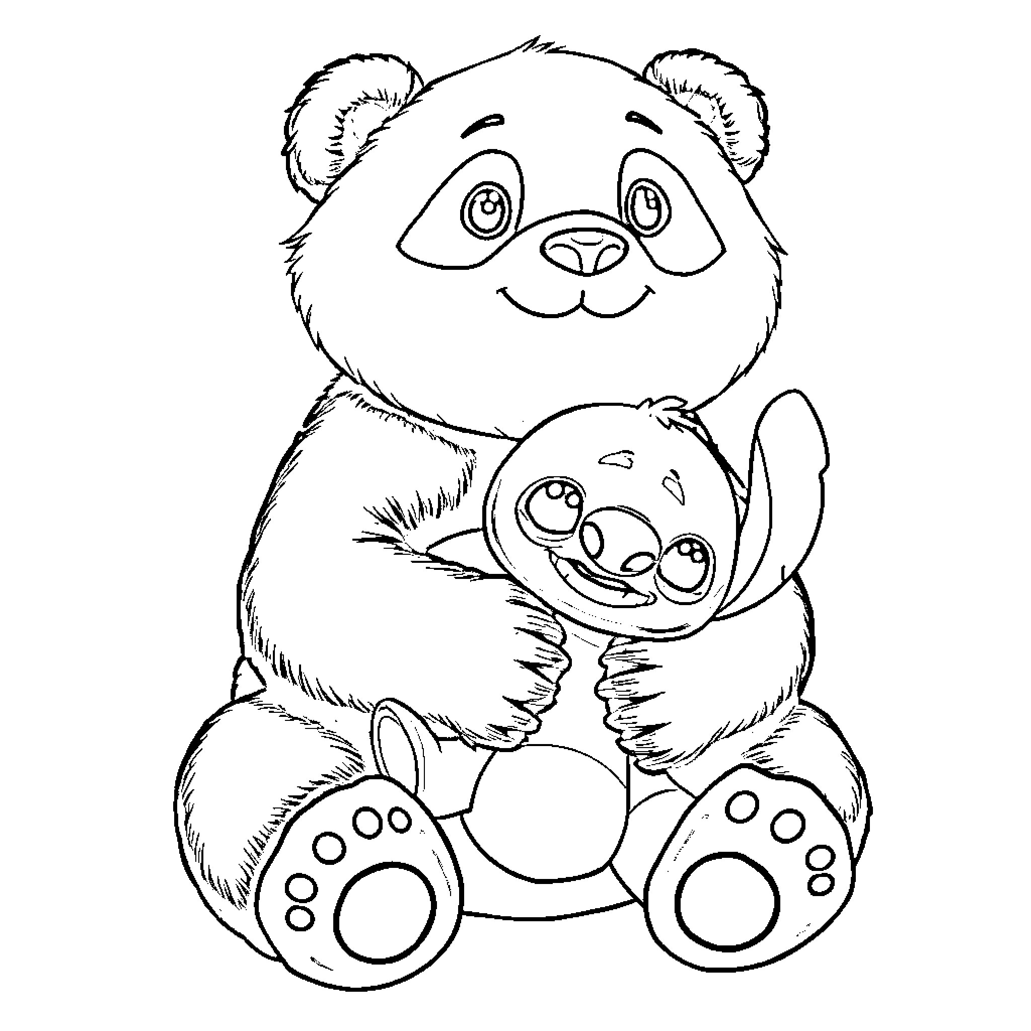 Panda hugging its baby tenderly Coloring Page (free black-and-white line drawing printable PDF for all, from beginners to advanced learners, including children, teens, adults, and seniors)