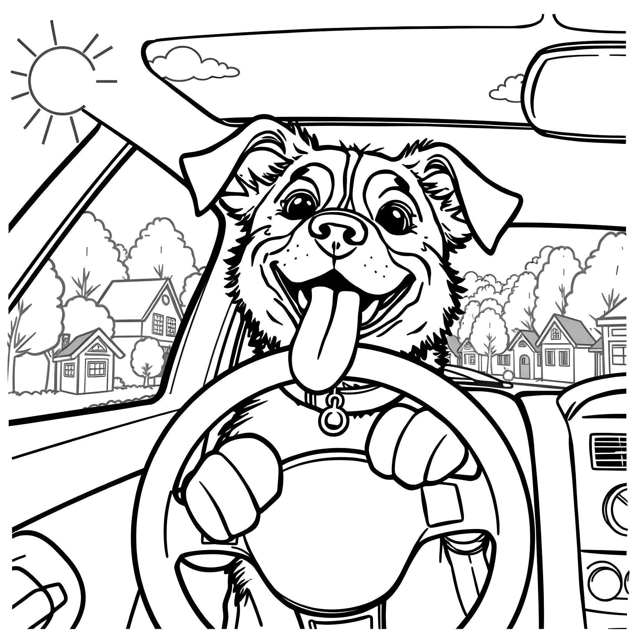 Dog Happily Driving in a Car Through the Countryside Coloring Page (free black-and-white line drawing printable PDF for all, from beginners to advanced learners, including children, teens, adults, and seniors)