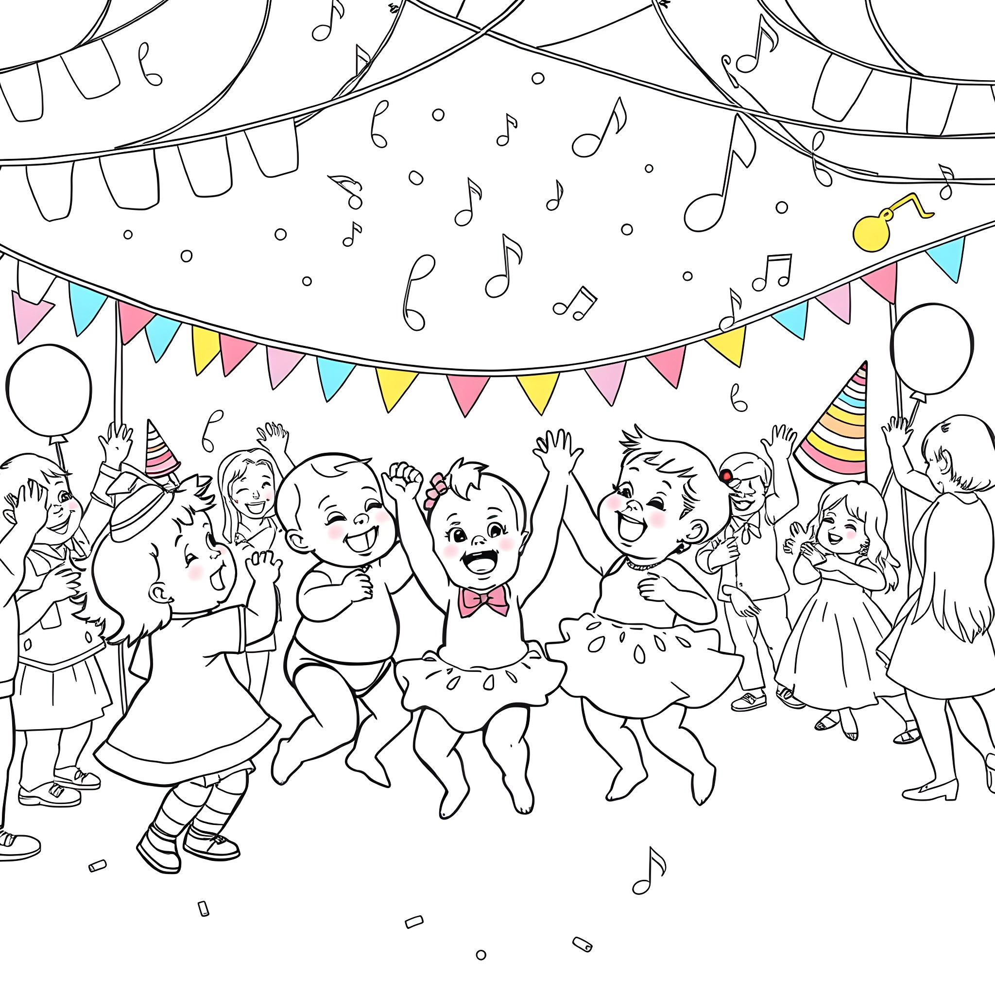Baby Party with Balloons and Music Coloring Page (free black-and-white line drawing printable PDF for all, from beginners to advanced learners, including children, teens, adults, and seniors)
