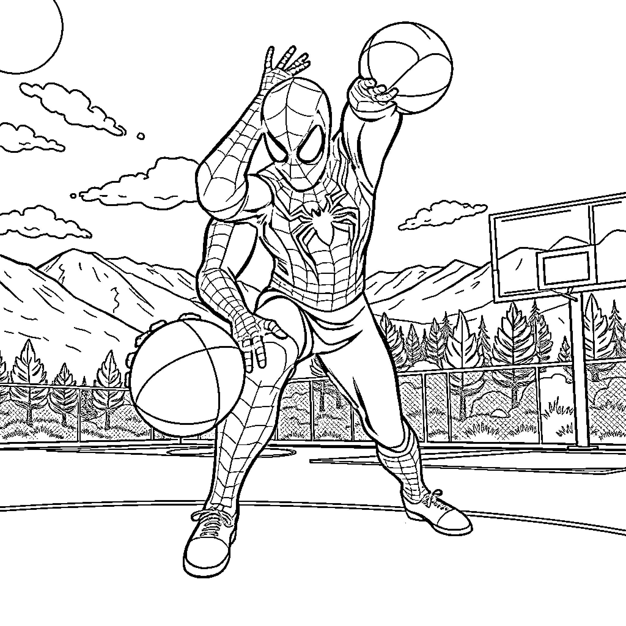 Spiderman playing basketball in an outdoor court Coloring Page (free black-and-white line drawing printable PDF for all, from beginners to advanced learners, including children, teens, adults, and seniors)