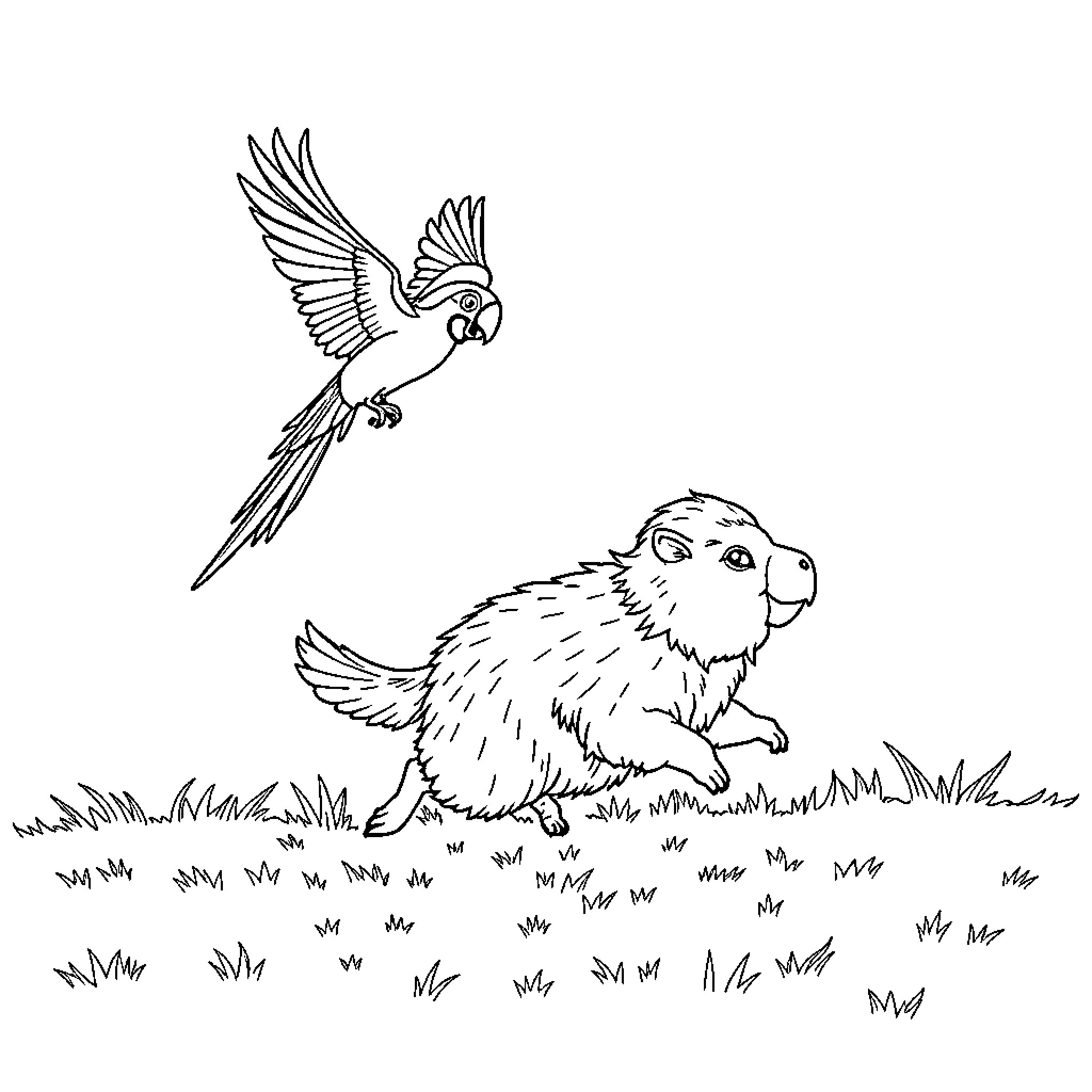 Parrot in flight and small animal on grassy field Coloring Page (free black-and-white line drawing printable PDF for all, from beginners to advanced learners, including children, teens, adults, and seniors)