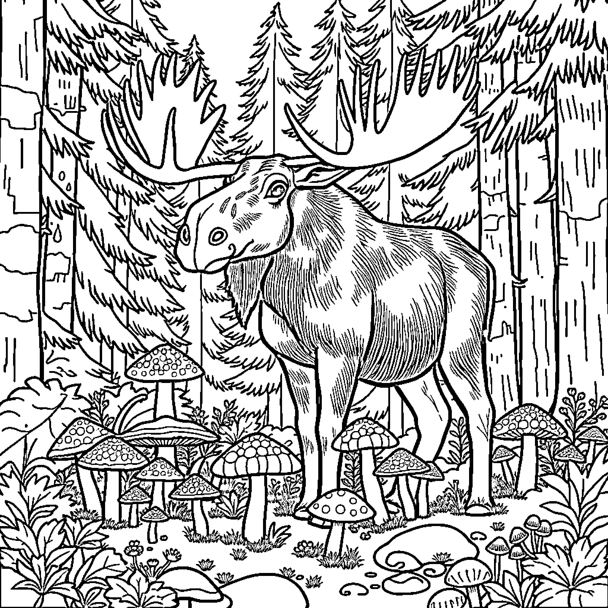 Moose among forest flora and fauna Coloring Page (free black-and-white line drawing printable PDF for all, from beginners to advanced learners, including children, teens, adults, and seniors)