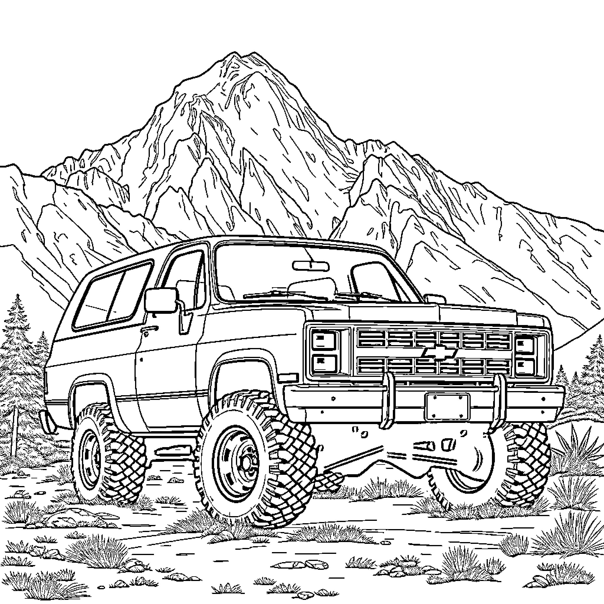 Chevrolet K5 Blazer exploring rugged mountain terrain Coloring Page (free black-and-white line drawing printable PDF for all, from beginners to advanced learners, including children, teens, adults, and seniors)