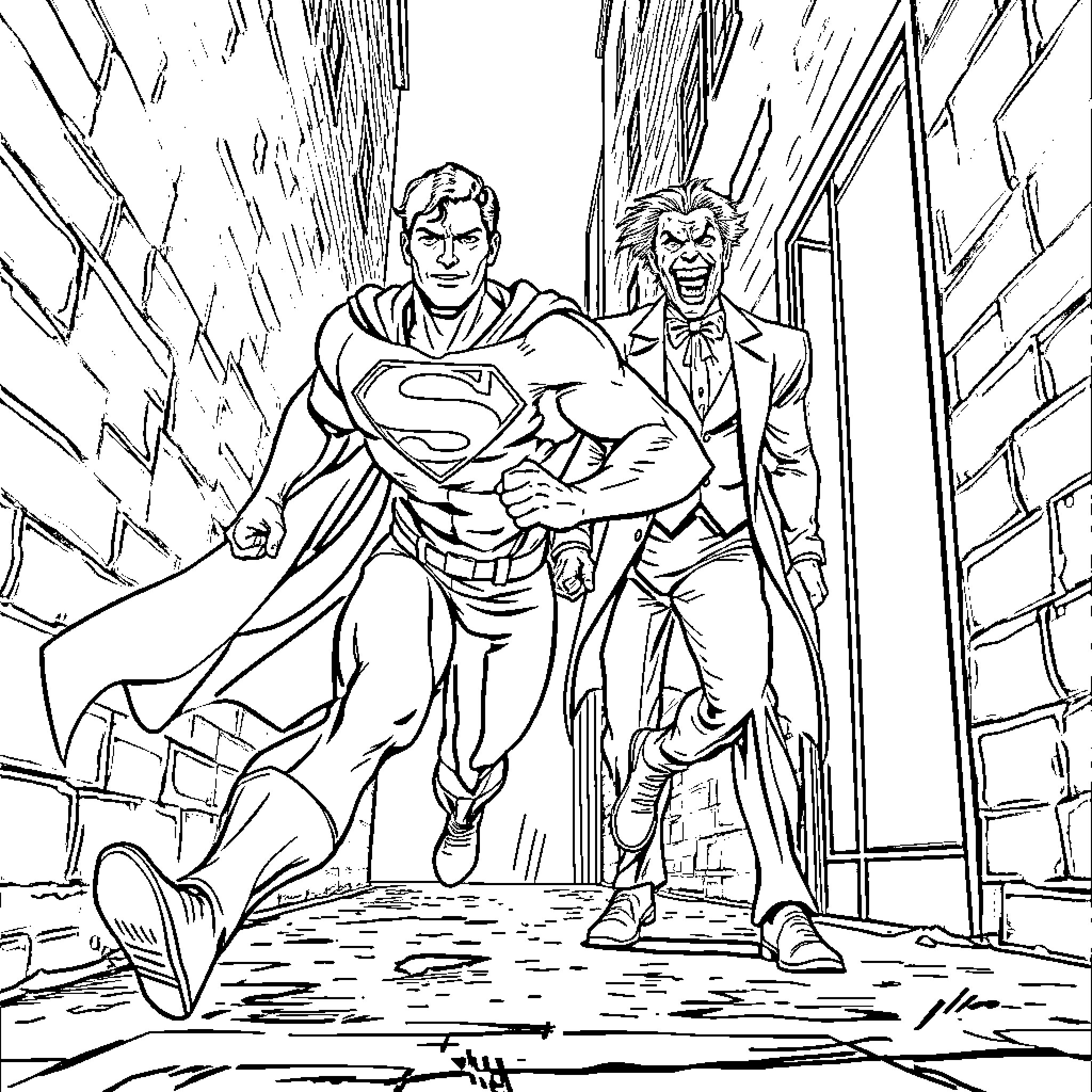 Superman and villain fighting in dark alley Coloring Page (free black-and-white line drawing printable PDF for all, from beginners to advanced learners, including children, teens, adults, and seniors)