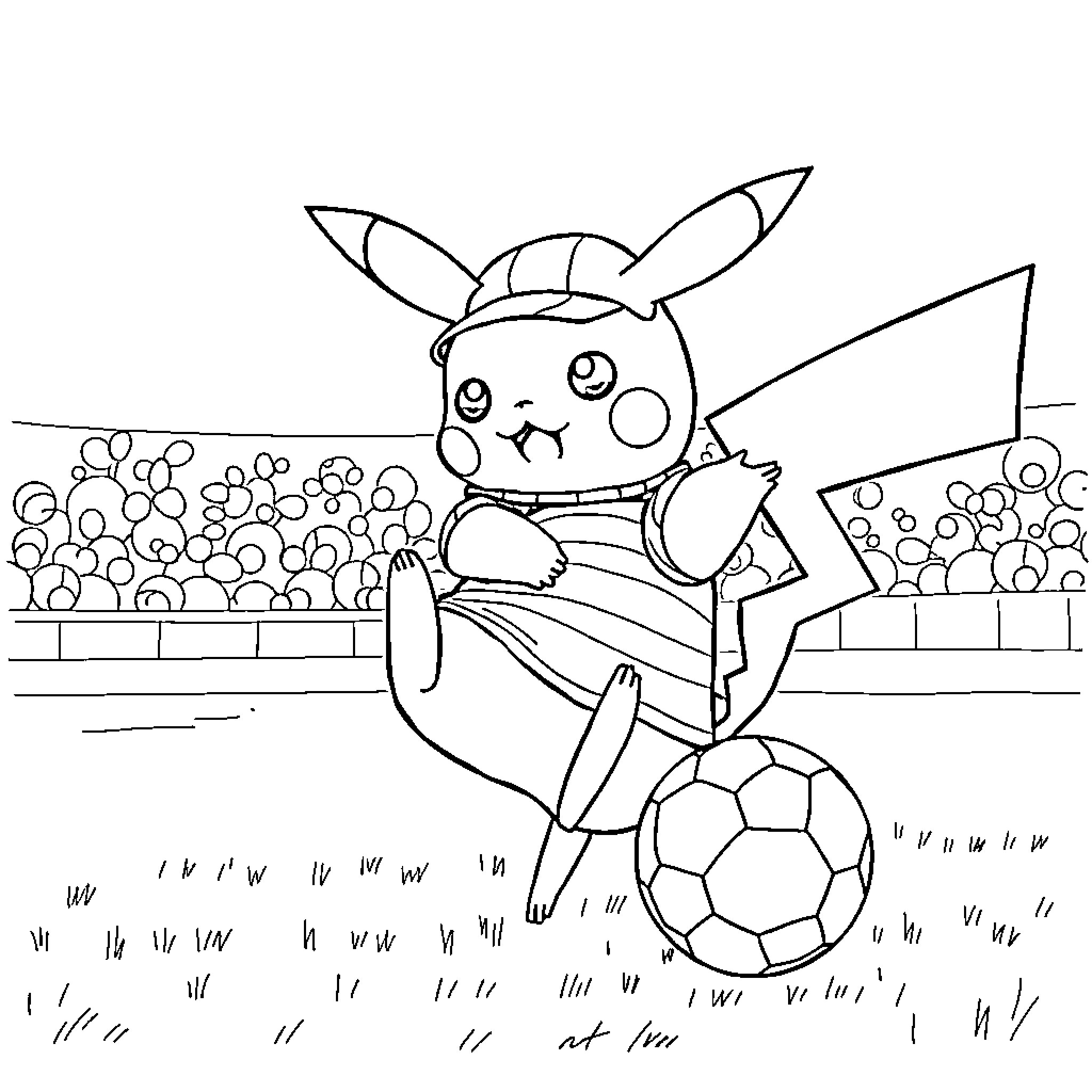 Pikachu playing with soccer ball on the field Coloring Page (free black-and-white line drawing printable PDF for all, from beginners to advanced learners, including children, teens, adults, and seniors)
