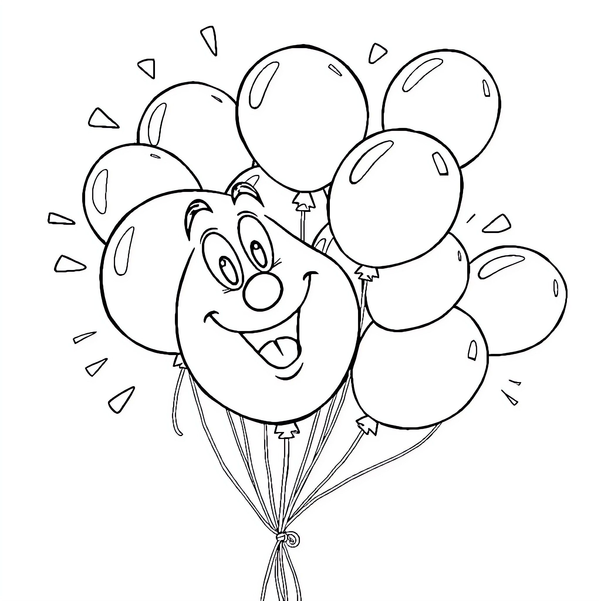 Balloon bunch with happy face Coloring Page (free black-and-white line drawing printable PDF for all, from beginners to advanced learners, including children, teens, adults, and seniors)