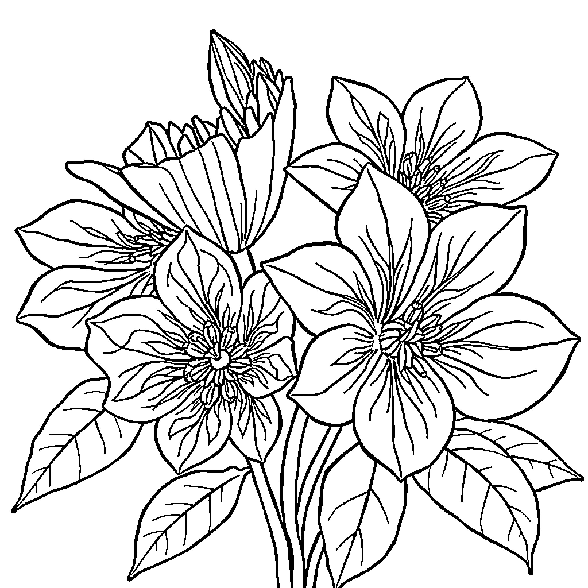 Flower bouquet with detailed floral designs Coloring Page (free black-and-white line drawing printable PDF for all, from beginners to advanced learners, including children, teens, adults, and seniors)