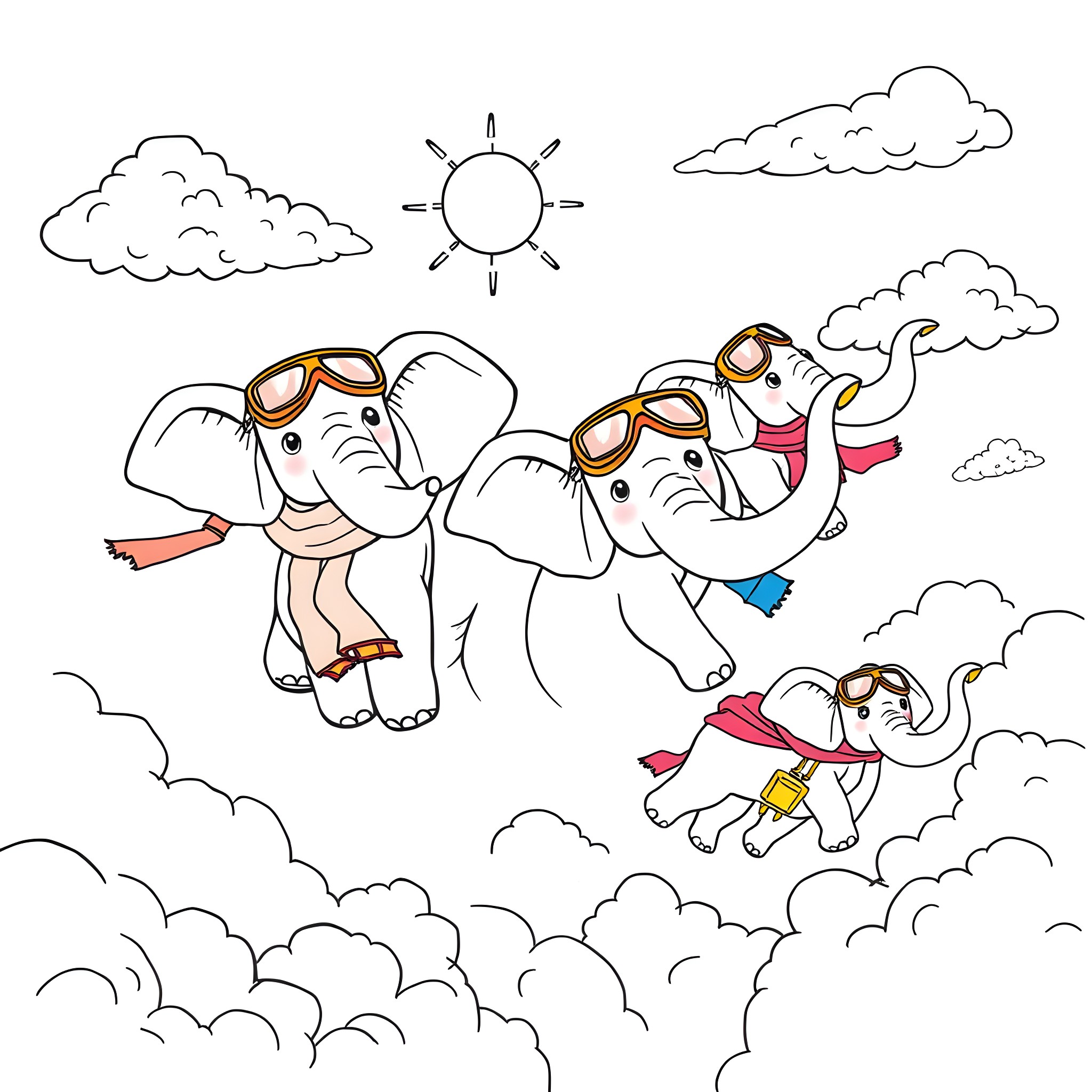 Elephants soaring through the clouds with goggles Coloring Page (free black-and-white line drawing printable PDF for all, from beginners to advanced learners, including children, teens, adults, and seniors)